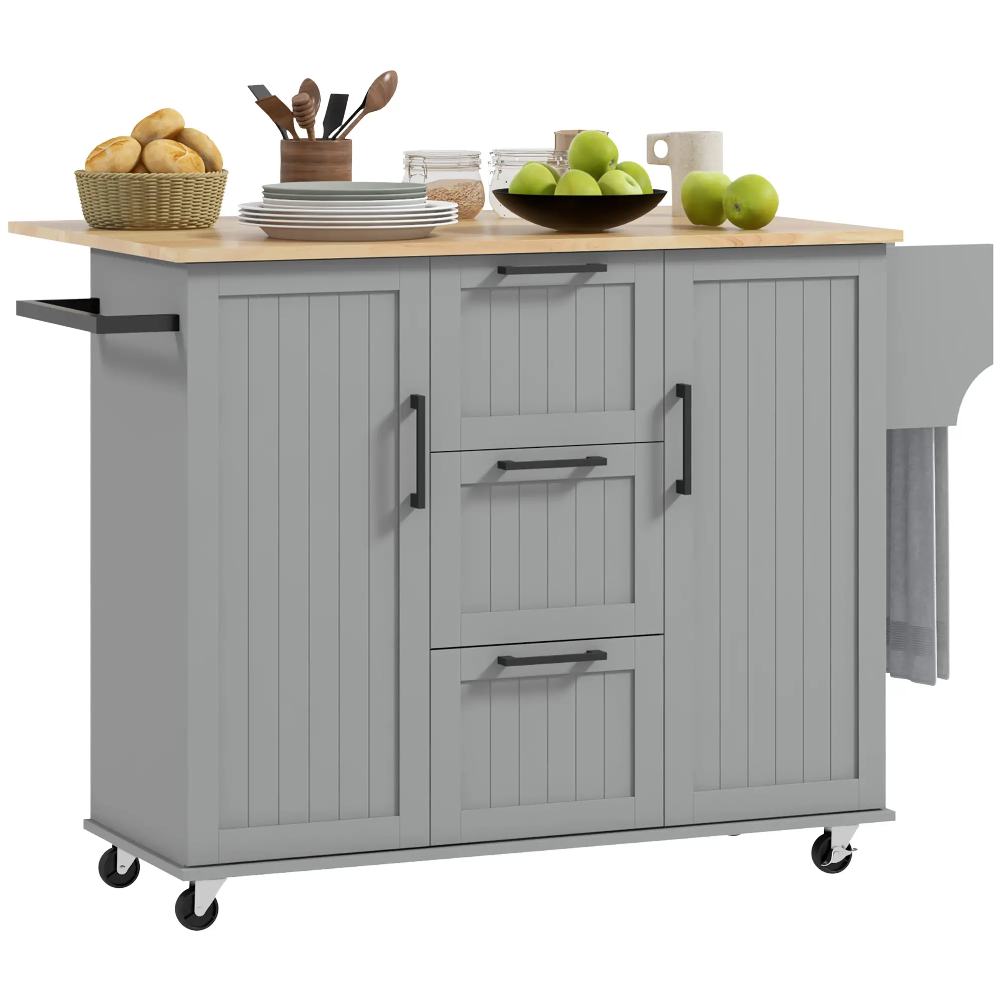 Rolling Kitchen Cart with Drop Leaf, 3 Drawers, Solid Wood Top, Towel Rack, Grey - Image 11