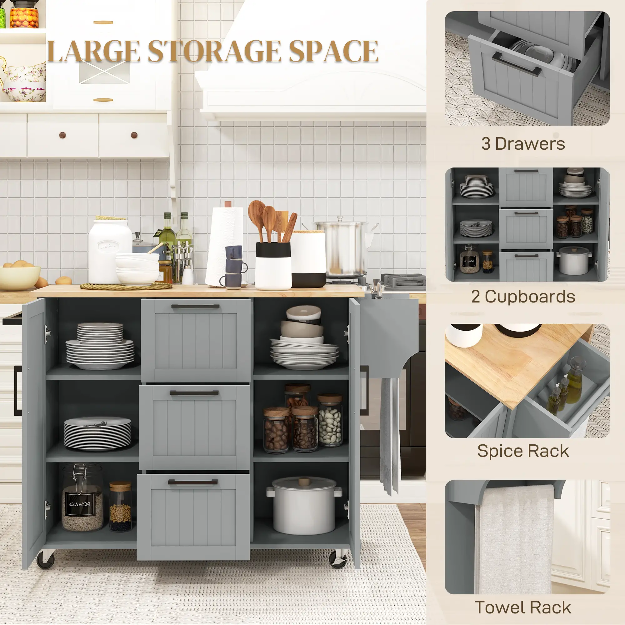 Rolling Kitchen Cart with Drop Leaf, 3 Drawers, Solid Wood Top, Towel Rack, Grey - Image 4