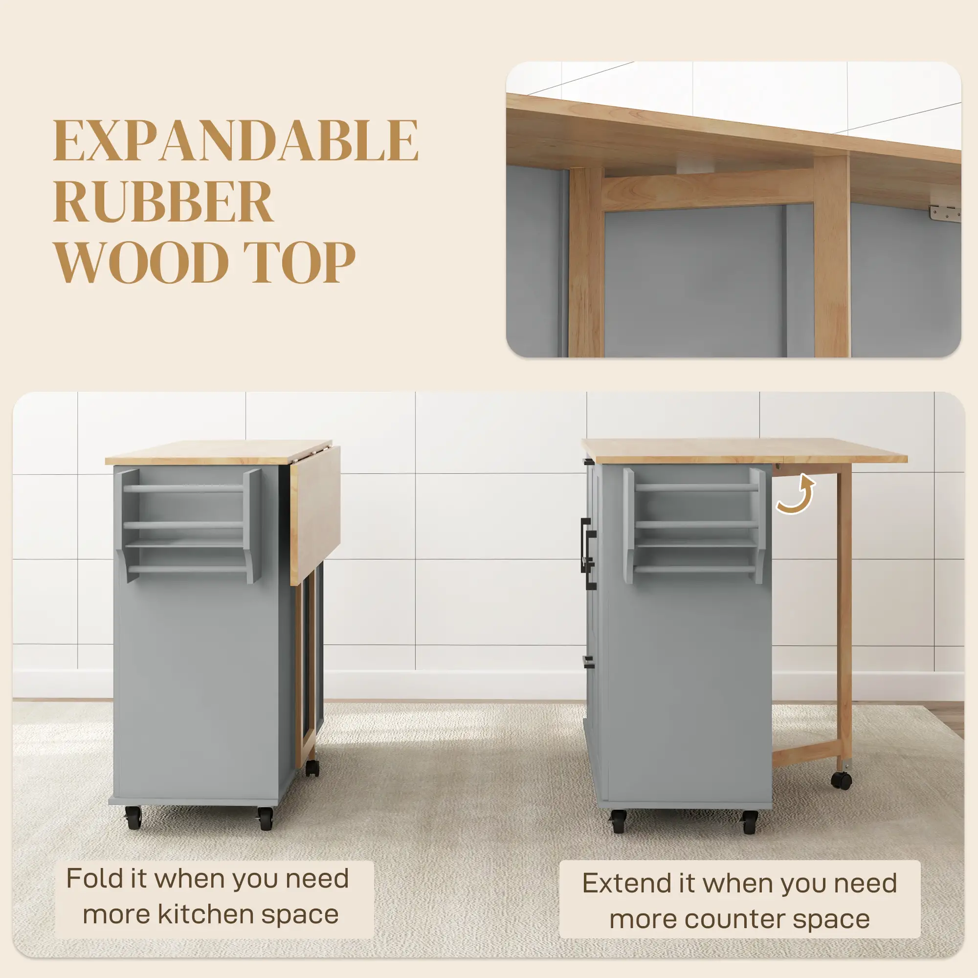 Rolling Kitchen Cart with Drop Leaf, 3 Drawers, Solid Wood Top, Towel Rack, Grey - Image 5