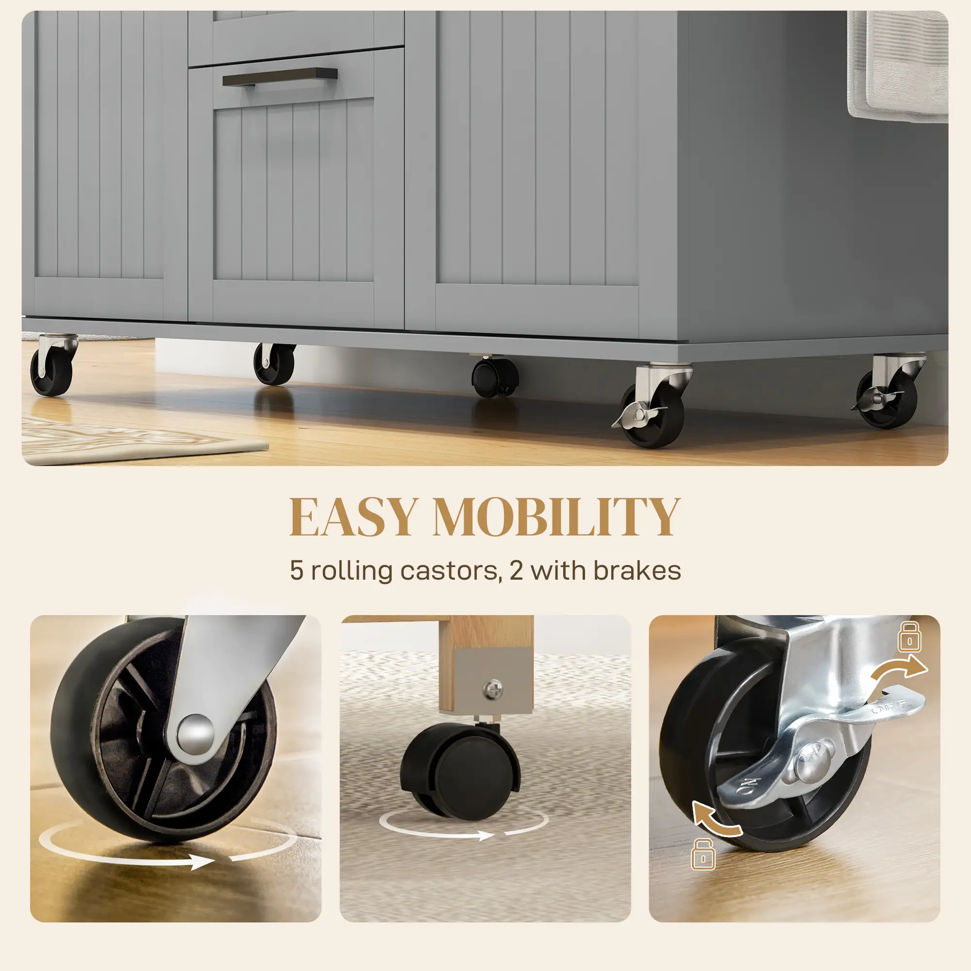 Rolling Kitchen Cart with Drop Leaf, 3 Drawers, Solid Wood Top, Towel Rack, Grey - Image 7