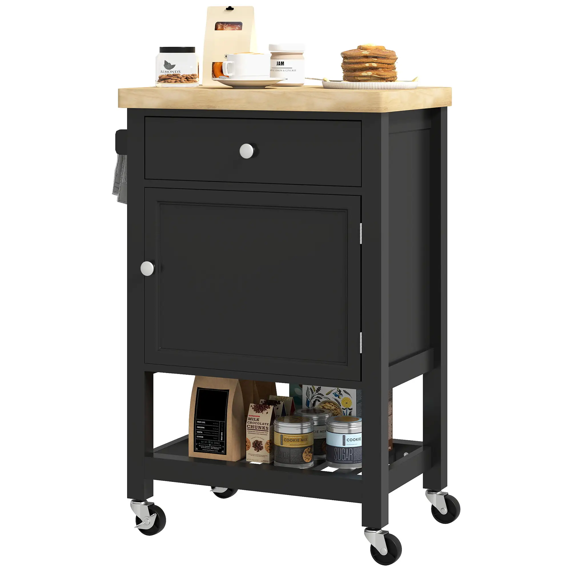 Rolling Kitchen Cart, Wood Top with Towel Rack, Drawer, Shelf, Black