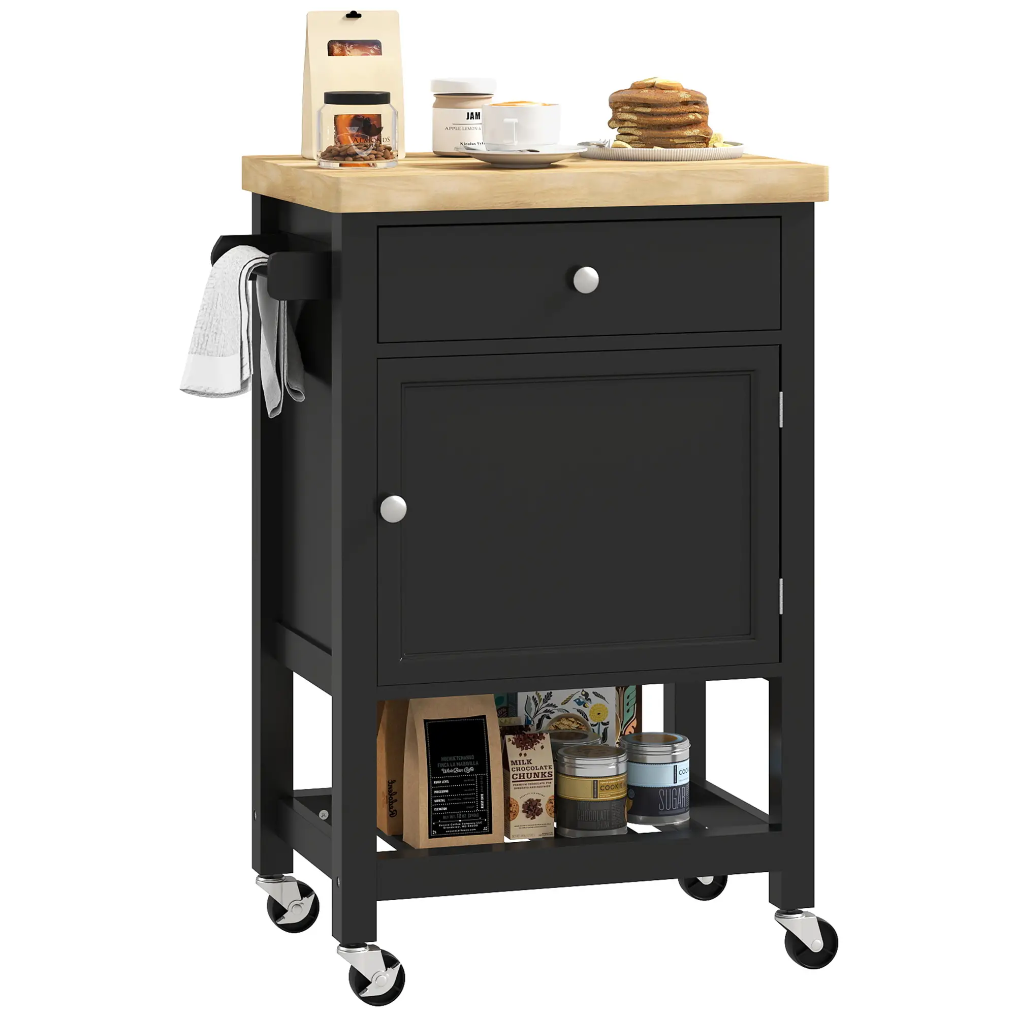 Rolling Kitchen Cart, Wood Top with Towel Rack, Drawer, Shelf, Black - Image 11