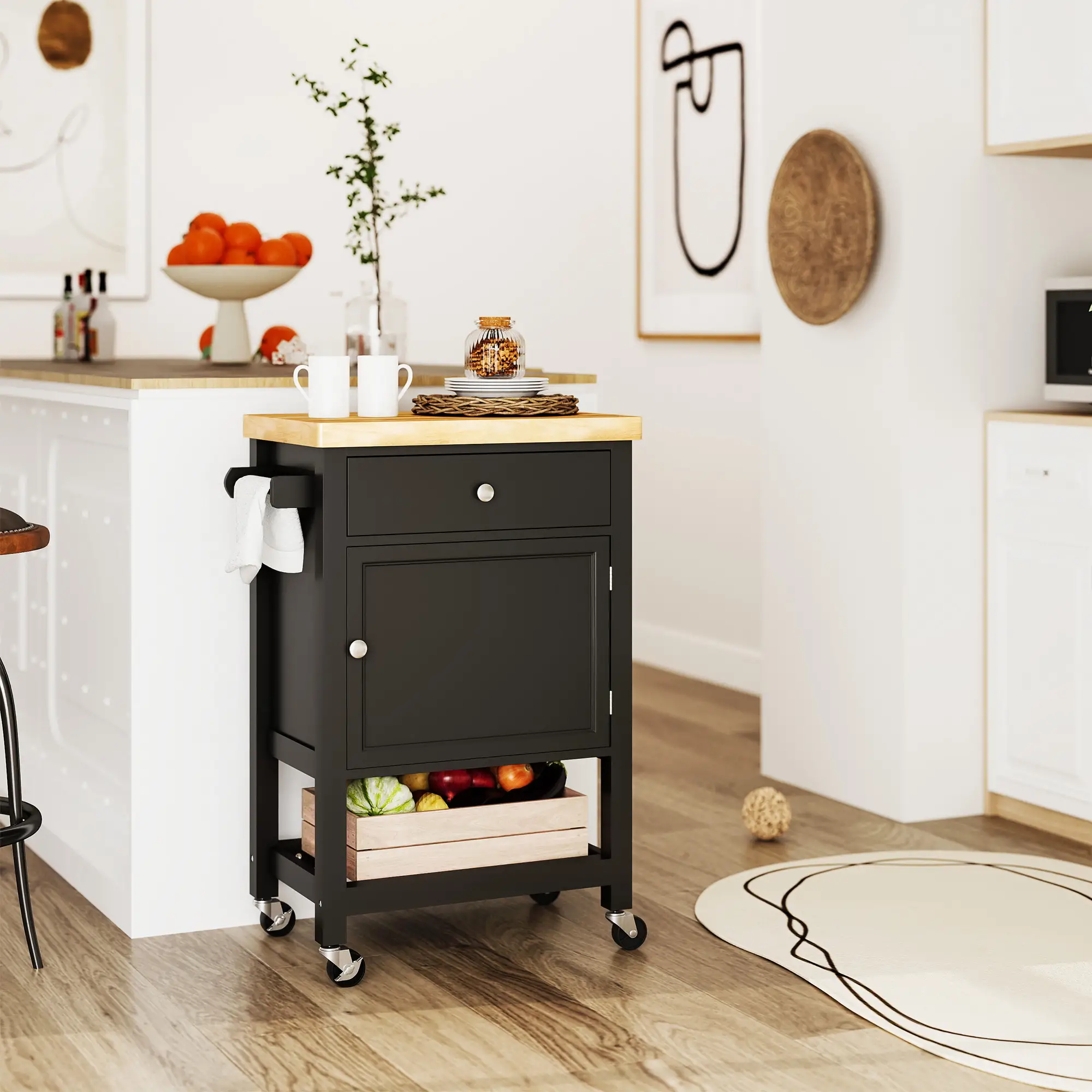 Rolling Kitchen Cart, Wood Top with Towel Rack, Drawer, Shelf, Black - Image 2