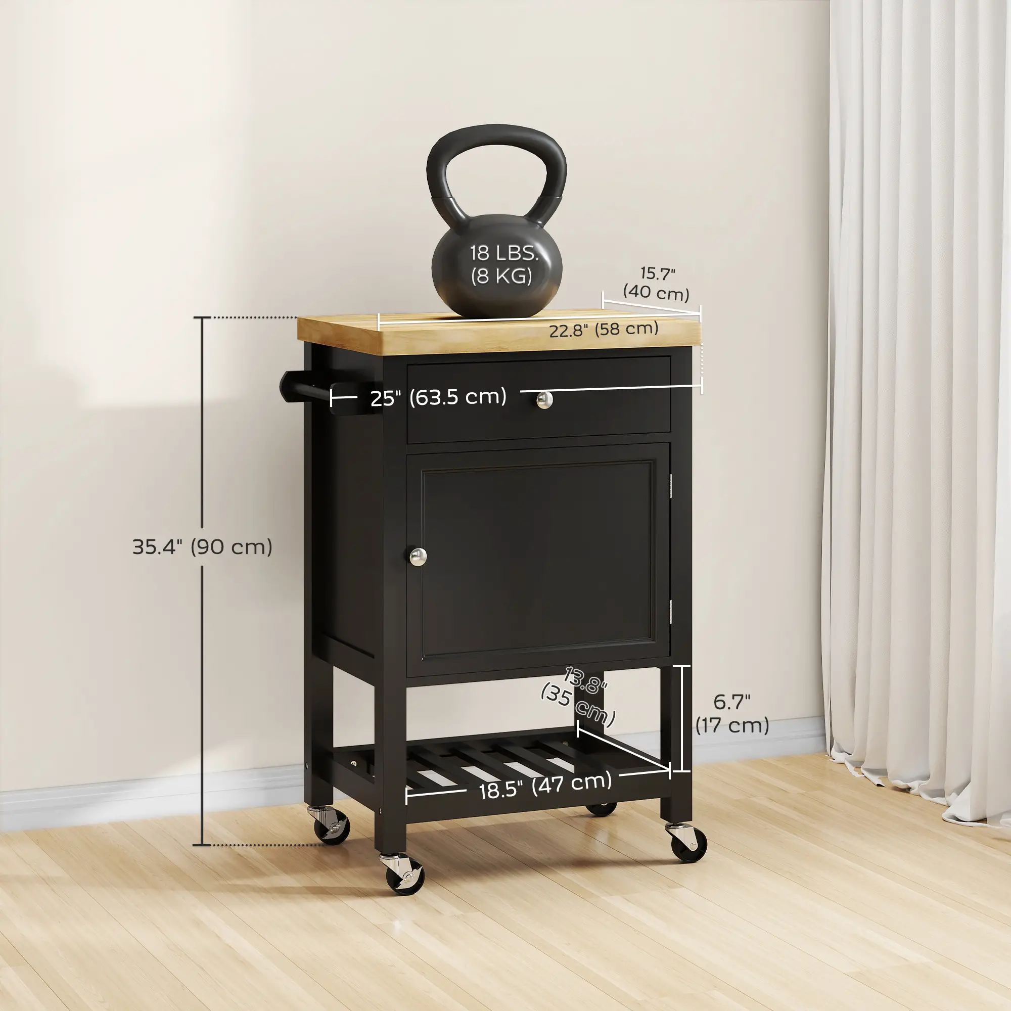 Rolling Kitchen Cart, Wood Top with Towel Rack, Drawer, Shelf, Black - Image 3