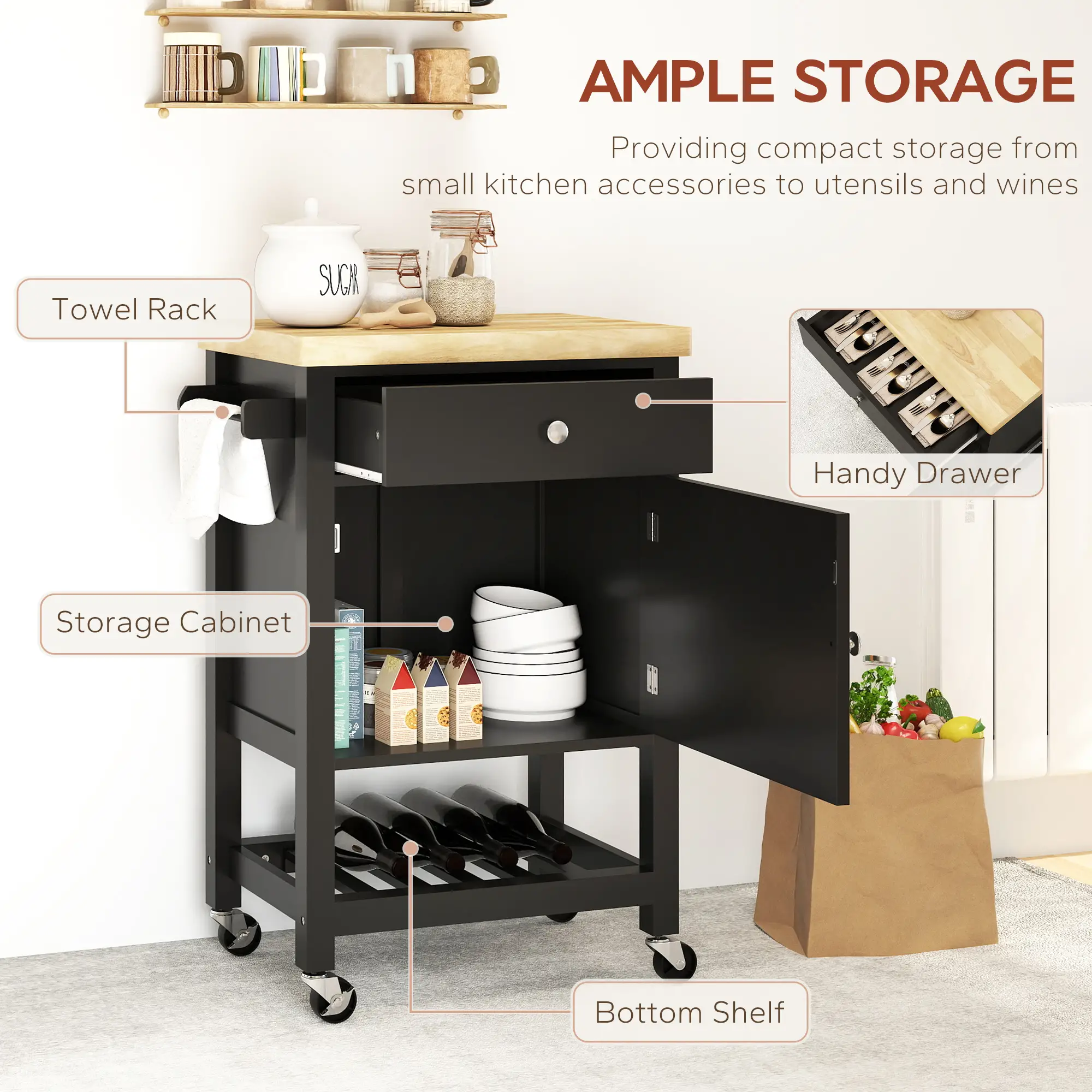 Rolling Kitchen Cart, Wood Top with Towel Rack, Drawer, Shelf, Black - Image 4
