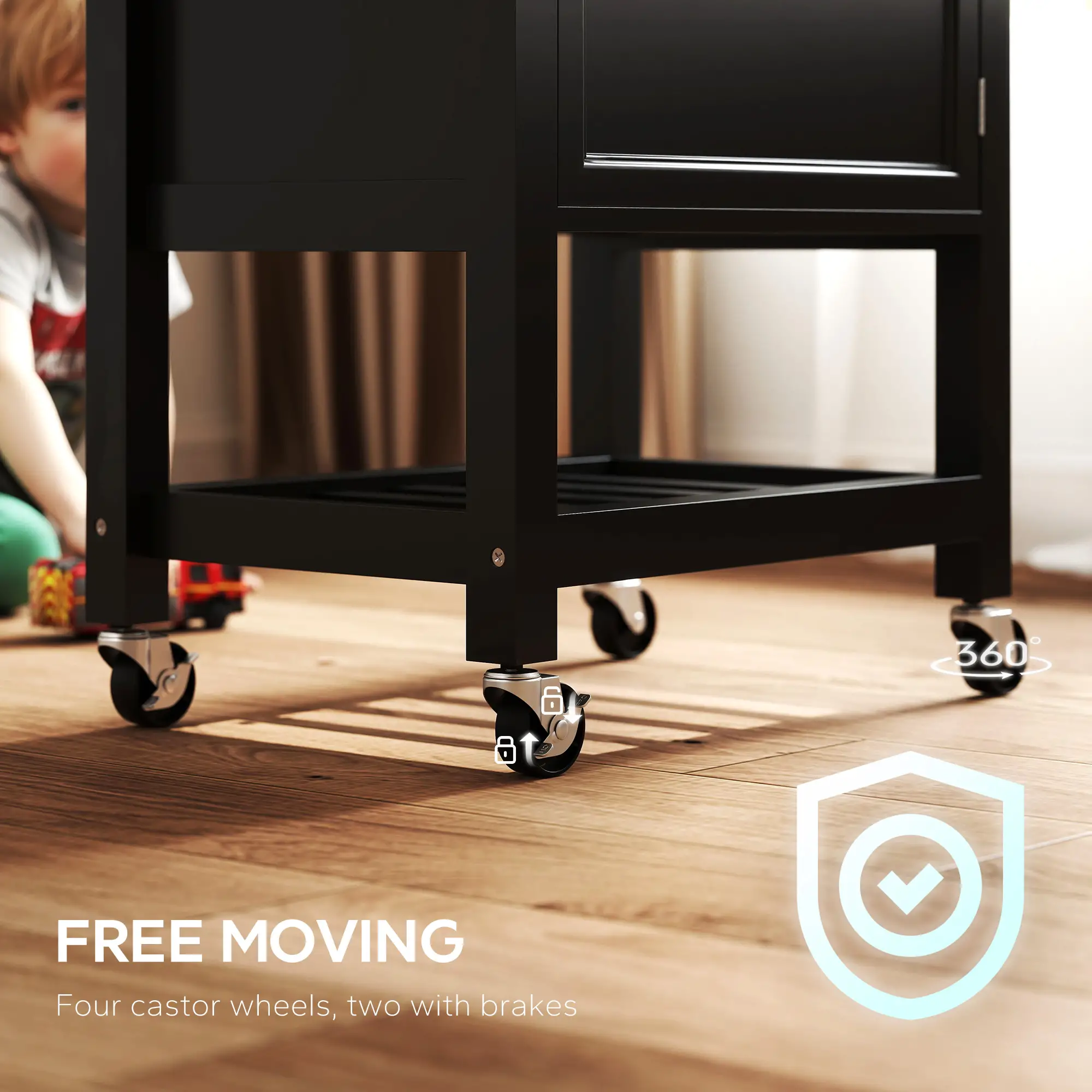 Rolling Kitchen Cart, Wood Top with Towel Rack, Drawer, Shelf, Black - Image 5