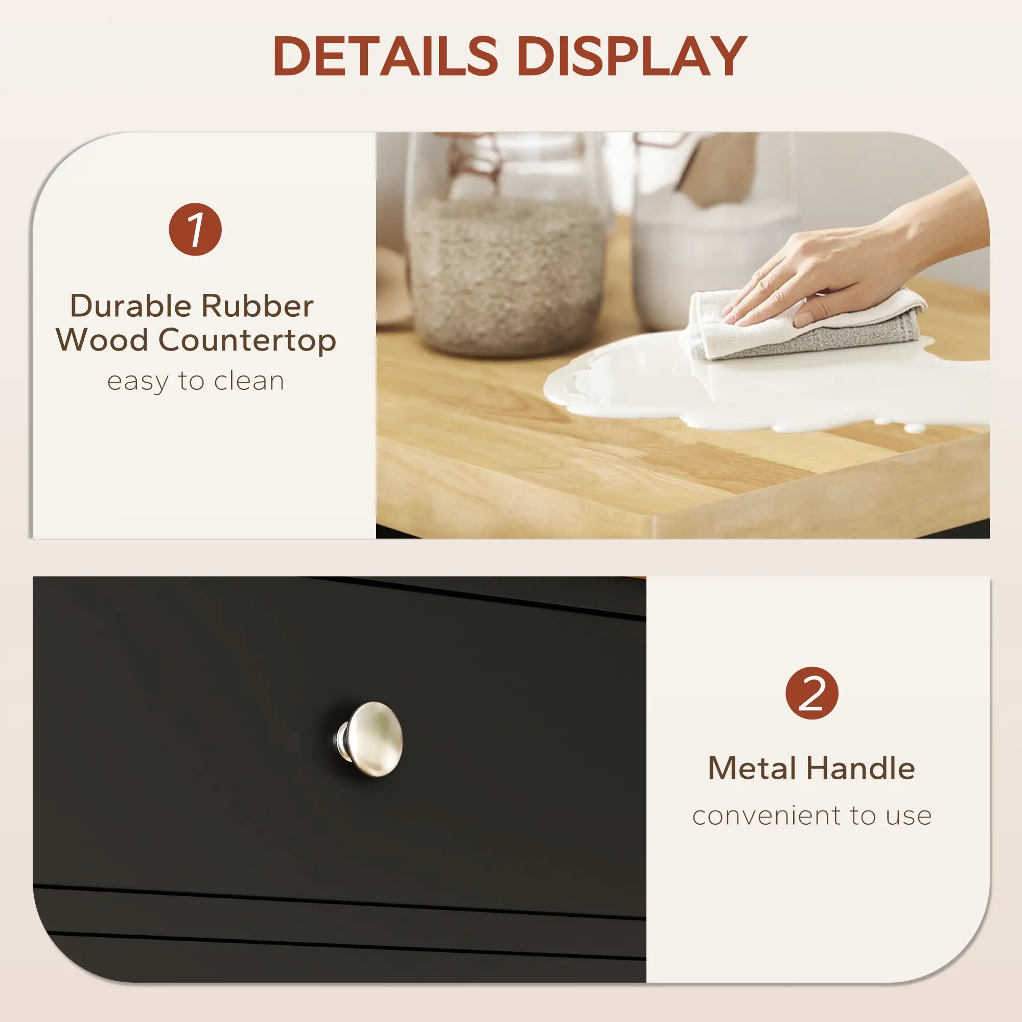 Rolling Kitchen Cart, Wood Top with Towel Rack, Drawer, Shelf, Black - Image 6