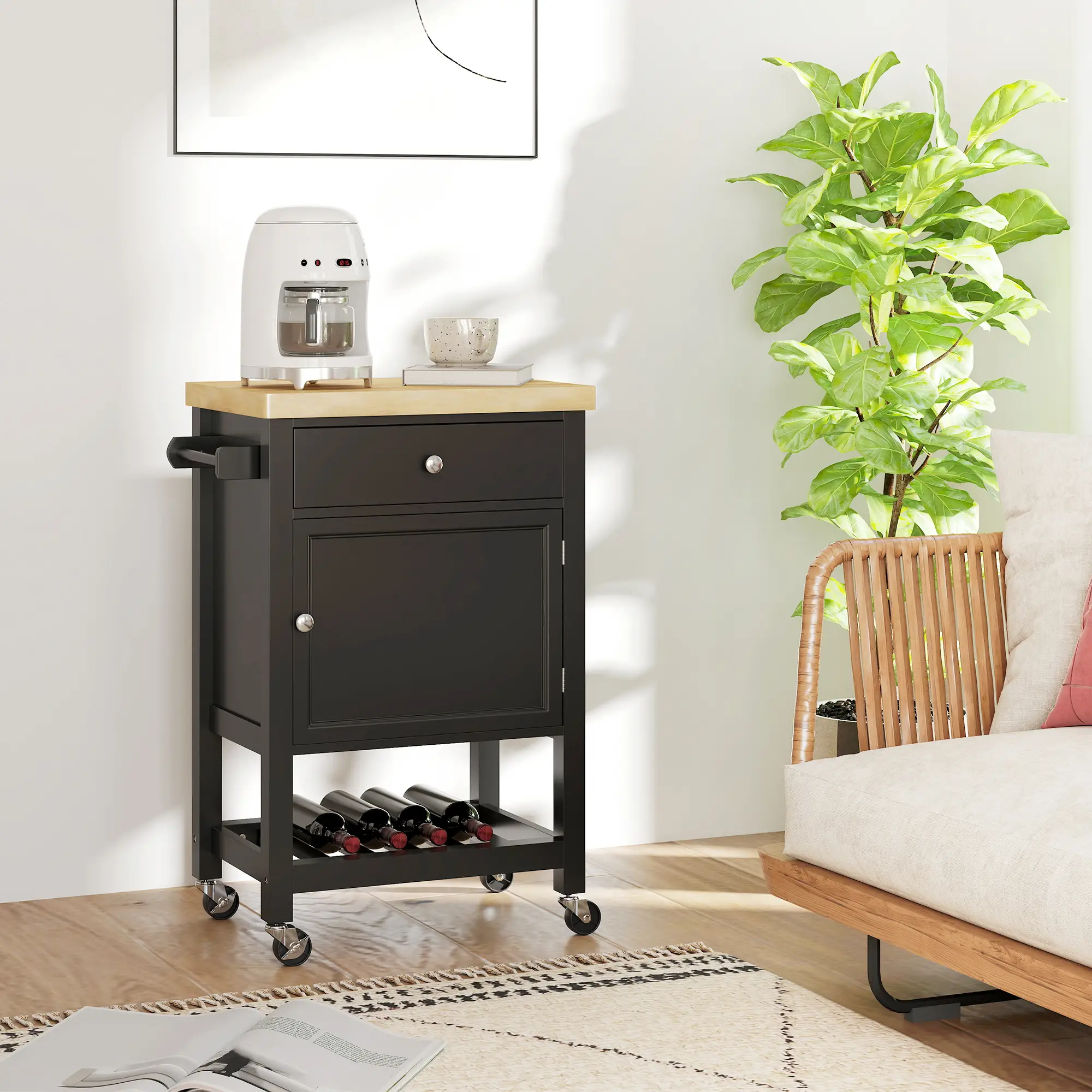 Rolling Kitchen Cart, Wood Top with Towel Rack, Drawer, Shelf, Black - Image 7