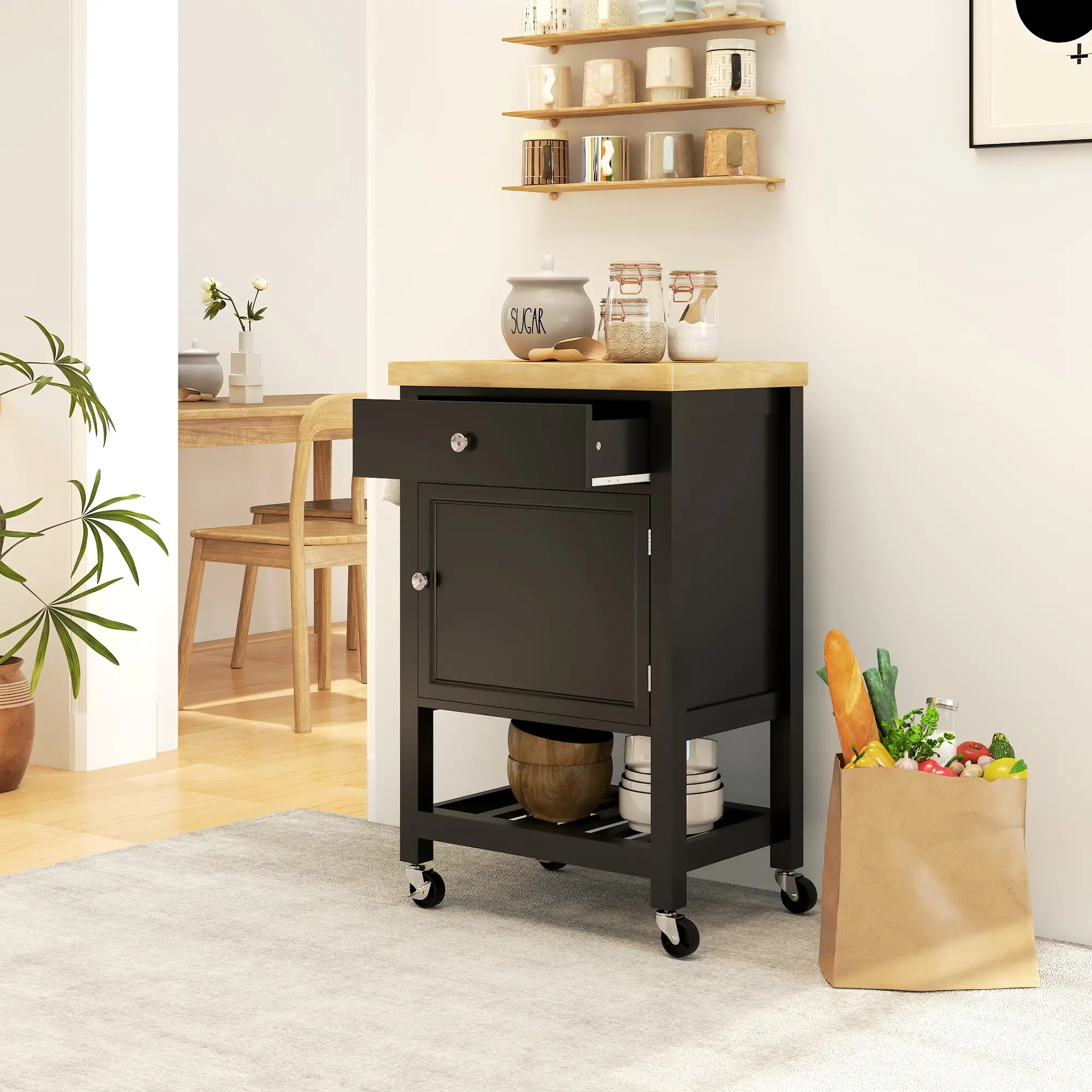 Rolling Kitchen Cart, Wood Top with Towel Rack, Drawer, Shelf, Black - Image 8