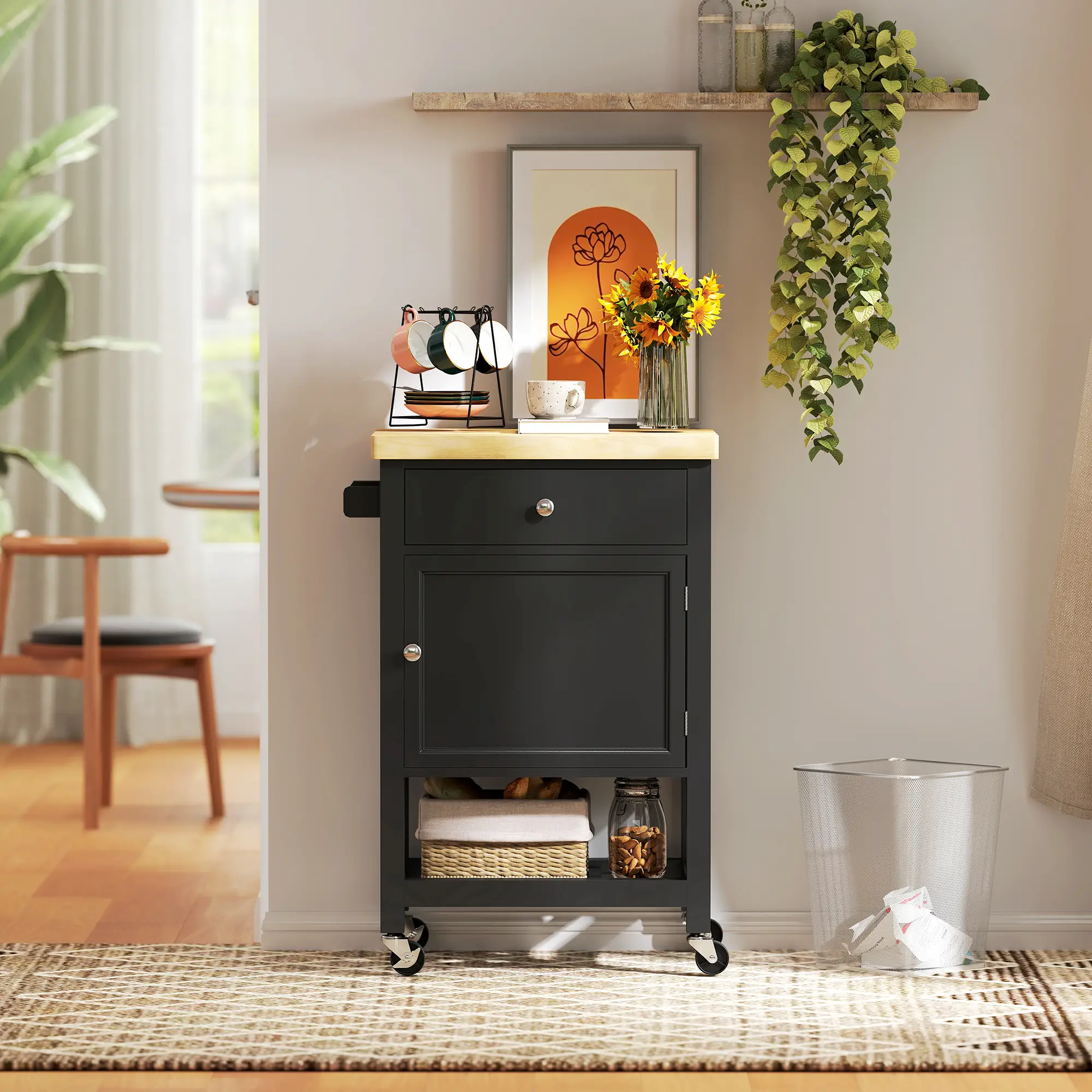 Rolling Kitchen Cart, Wood Top with Towel Rack, Drawer, Shelf, Black - Image 9