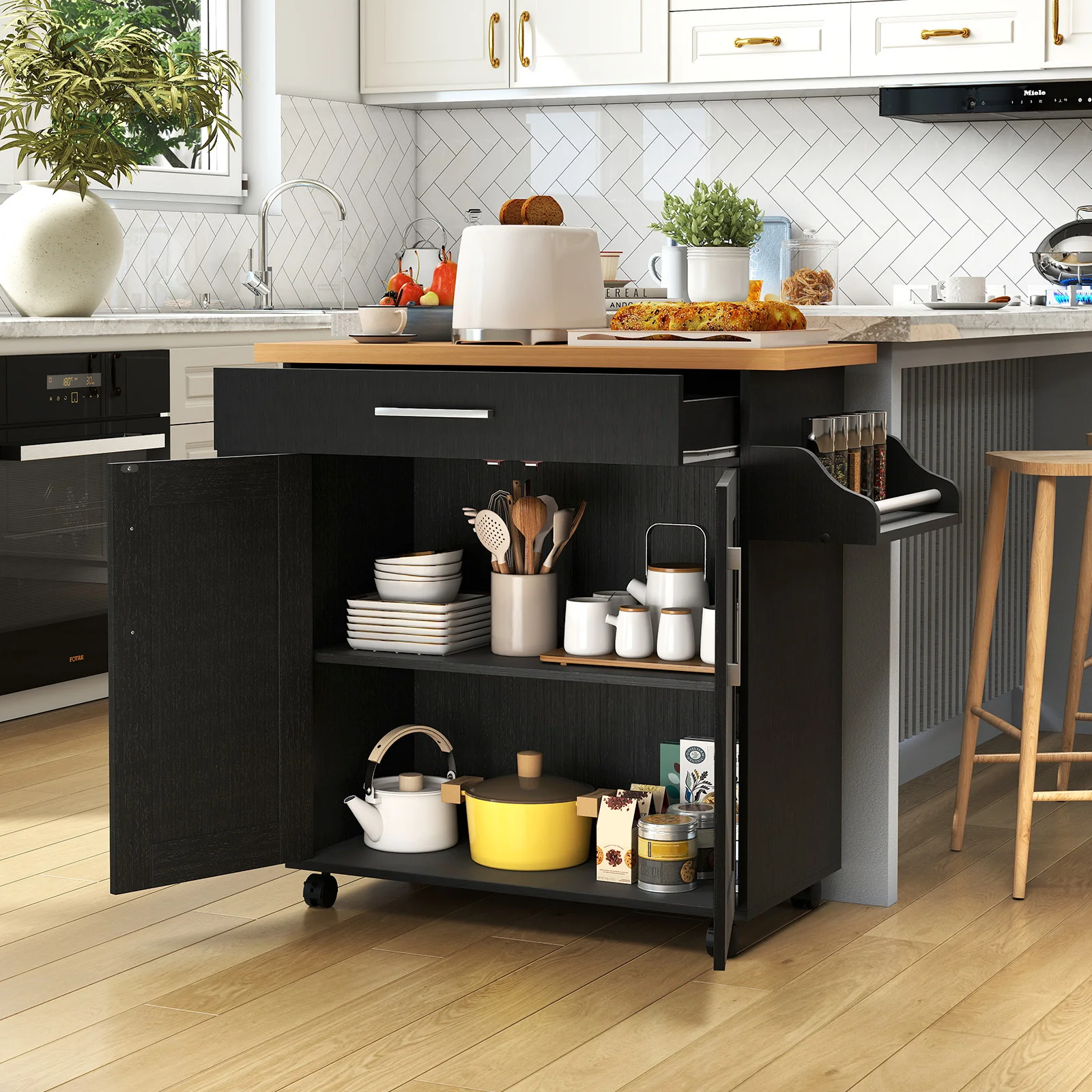 Rolling Kitchen Island Cart, Black - Image 3