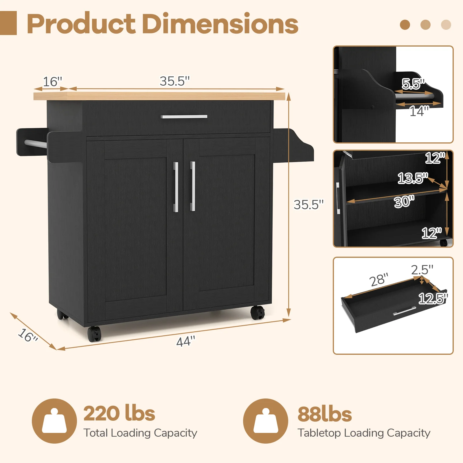 Rolling Kitchen Island Cart, Black - Image 6