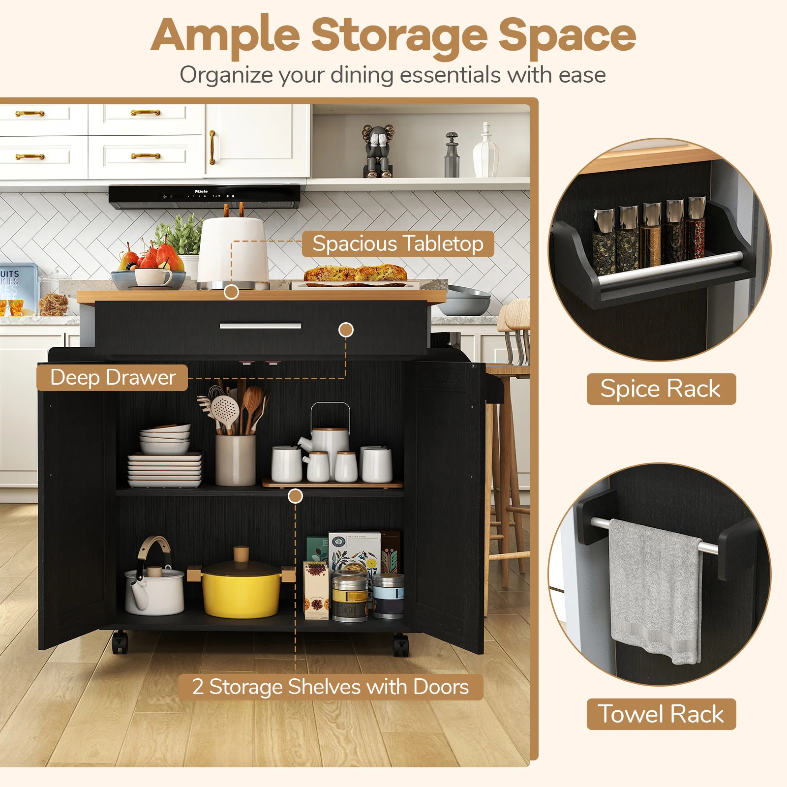 Rolling Kitchen Island Cart, Black - Image 8