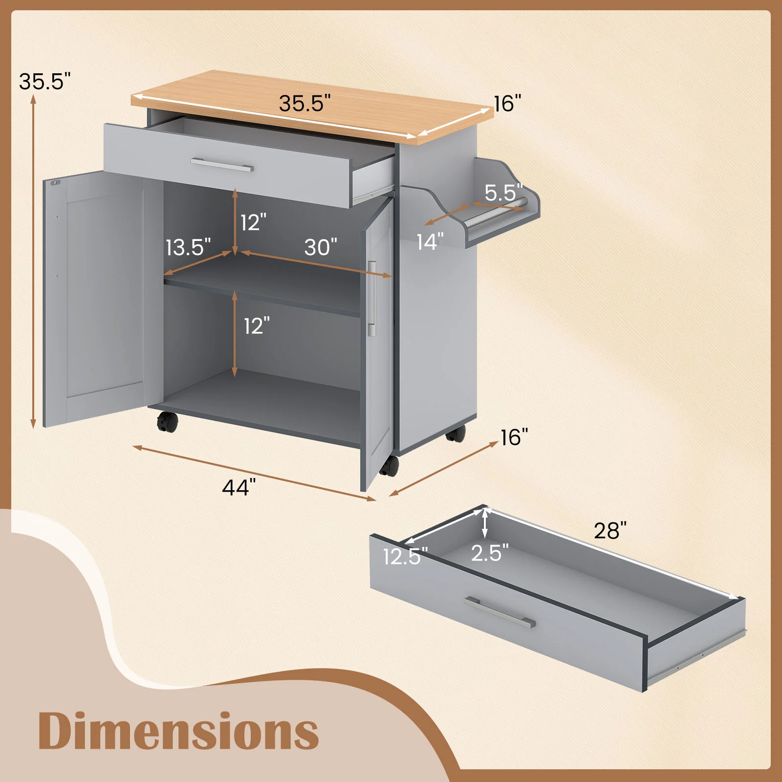 Rolling Kitchen Island Cart, Gray - Image 6