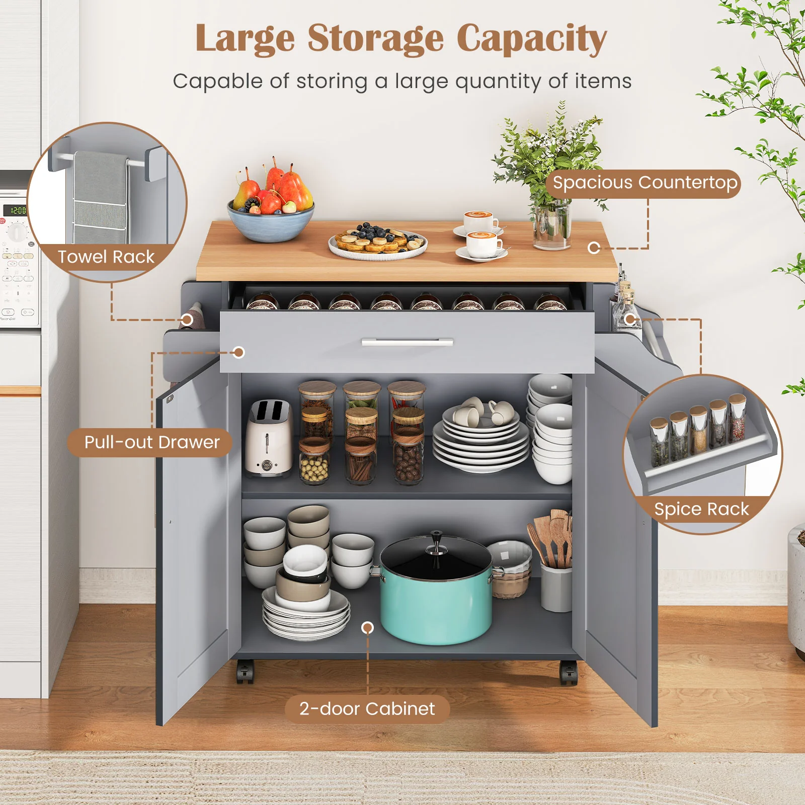 Rolling Kitchen Island Cart, Gray - Image 8