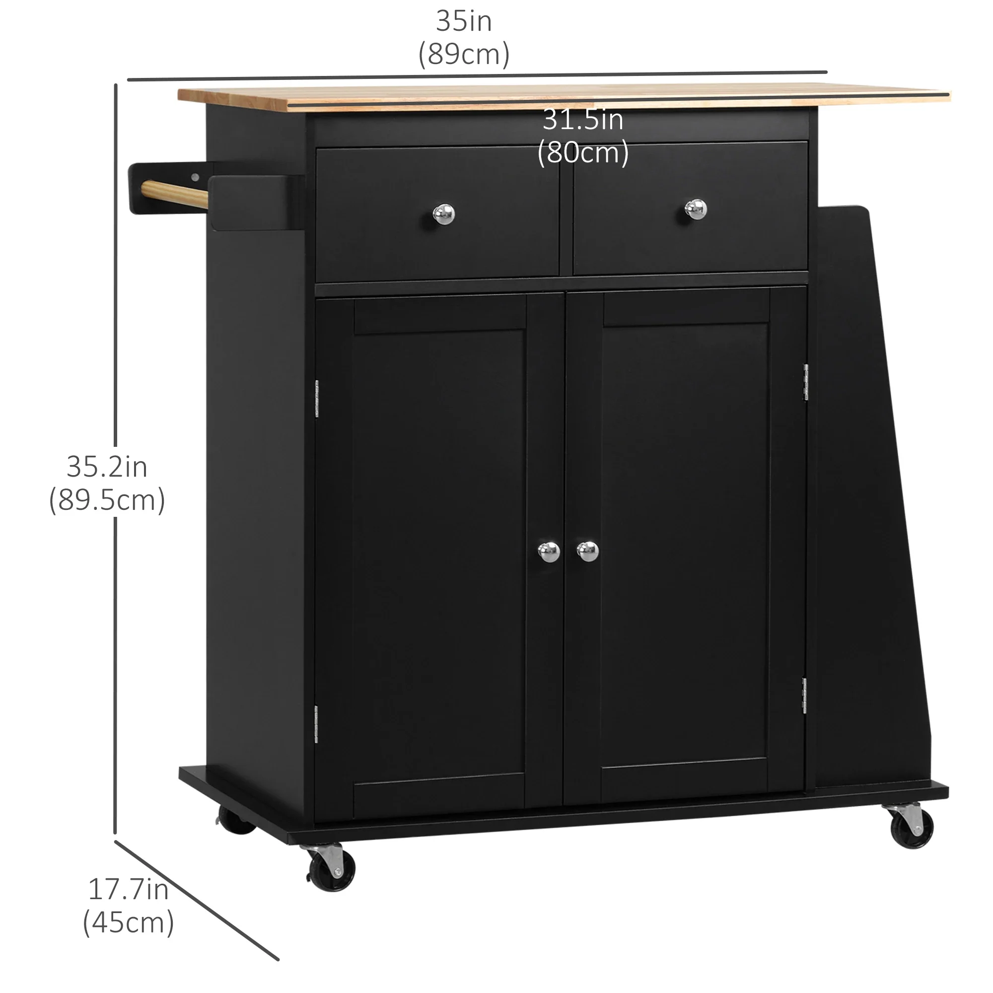 Rolling Kitchen Island Cart, Rubber Wood Top, 3-Tier Spice Rack, Black - Image 3