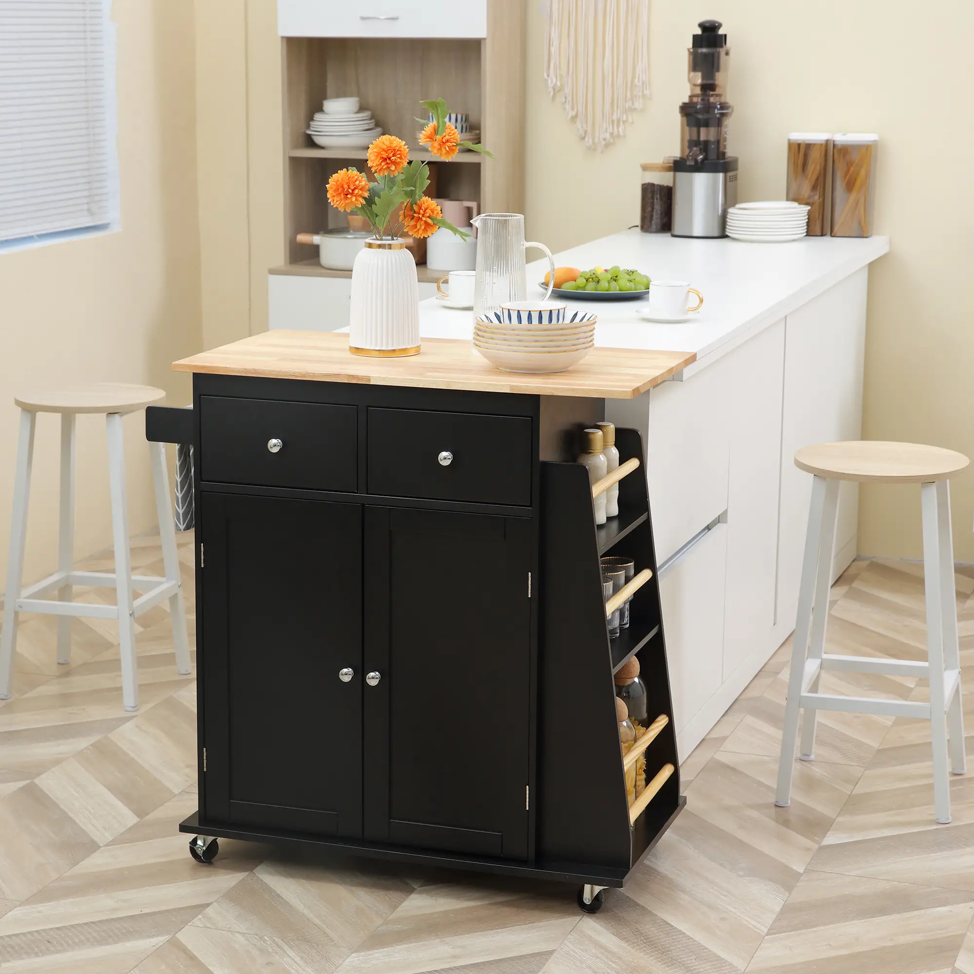 Rolling Kitchen Island Cart, Rubber Wood Top, 3-Tier Spice Rack, Black - Image 8