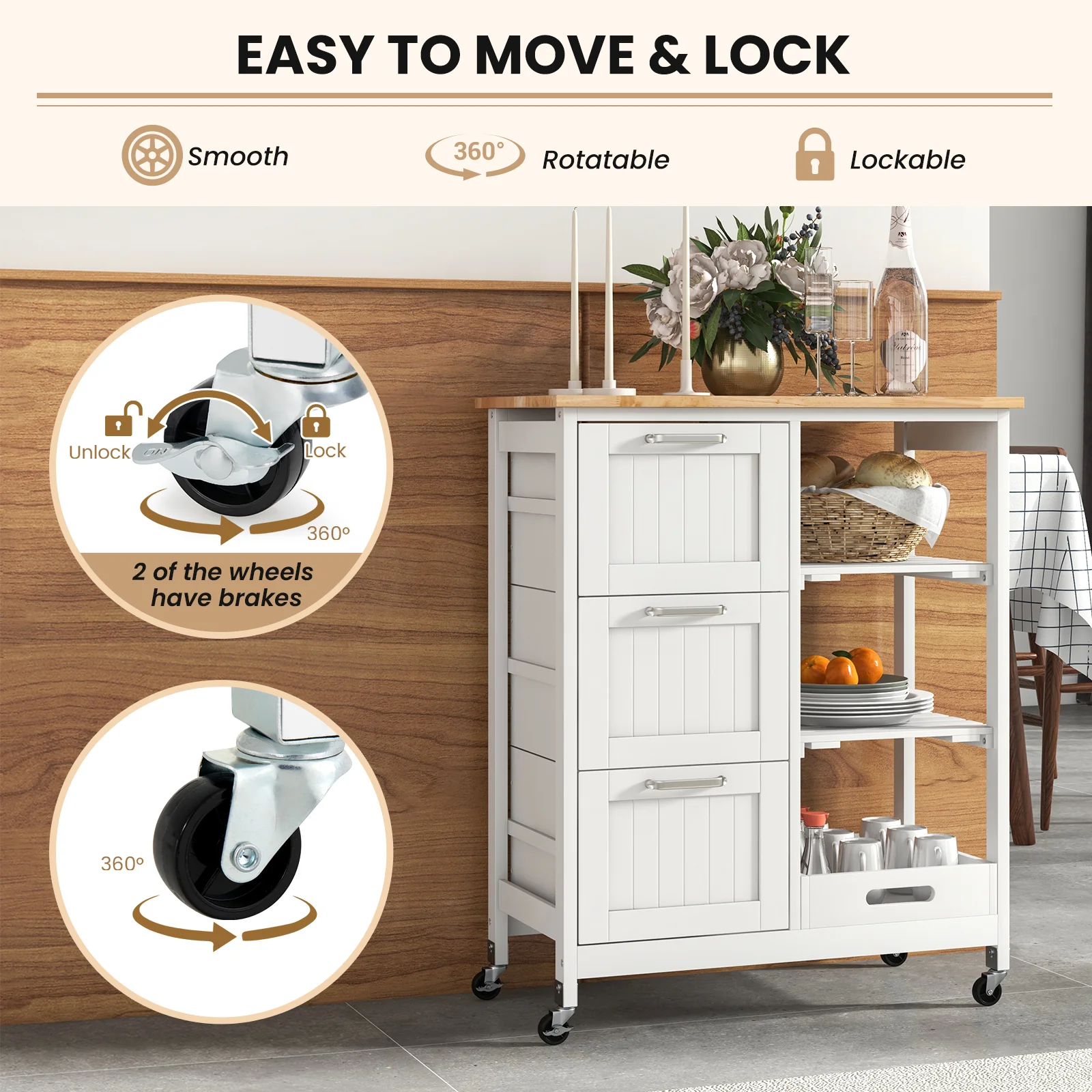 Rolling Kitchen Island Cart, Storage Utility, White - Image 10
