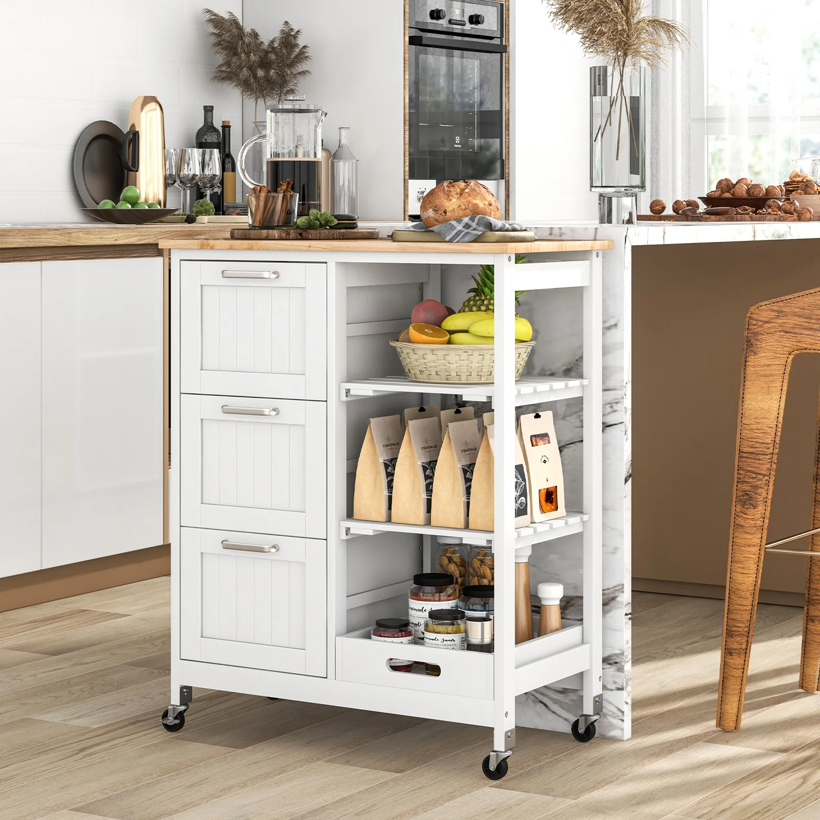 Rolling Kitchen Island Cart, Storage Utility, White - Image 2