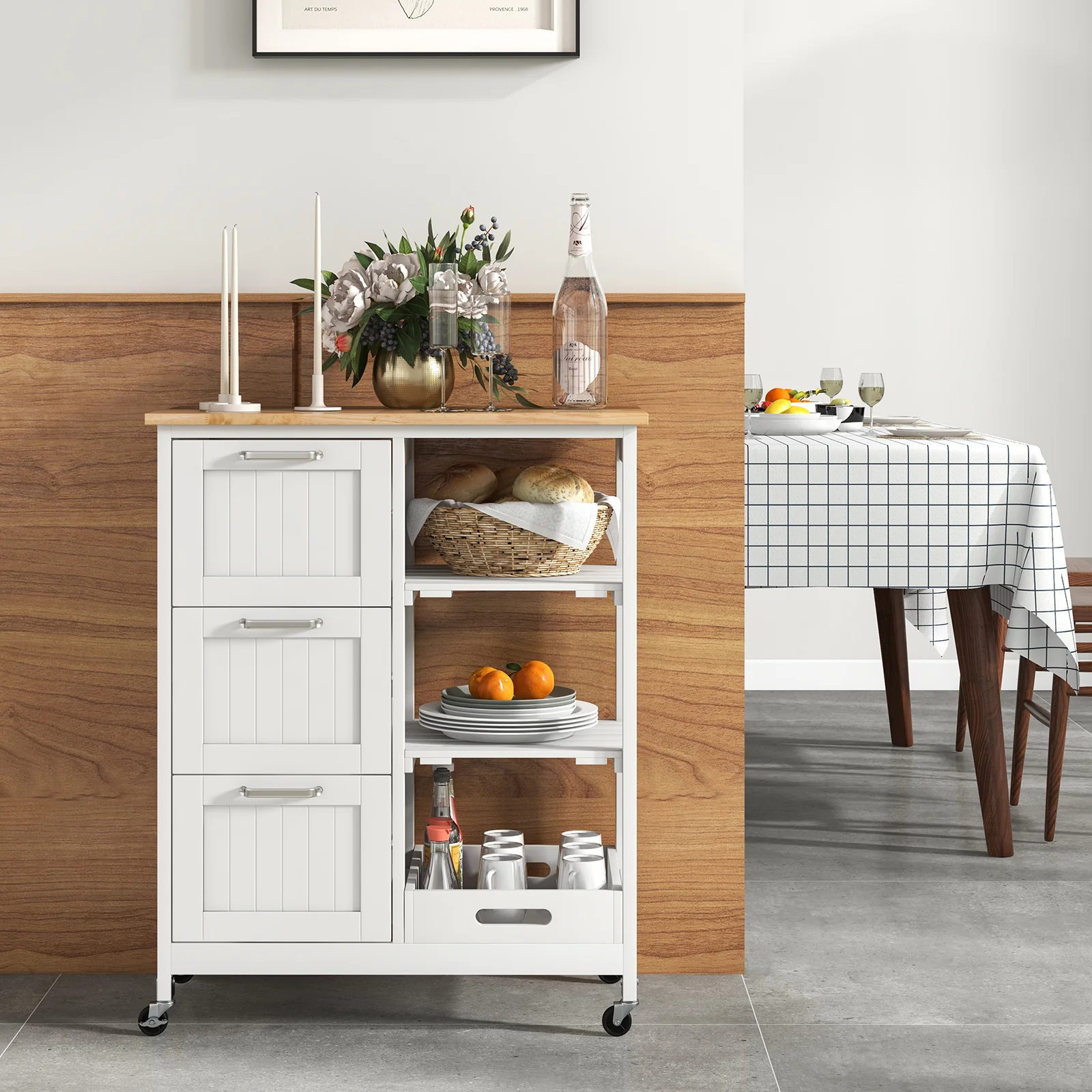 Rolling Kitchen Island Cart, Storage Utility, White - Image 3