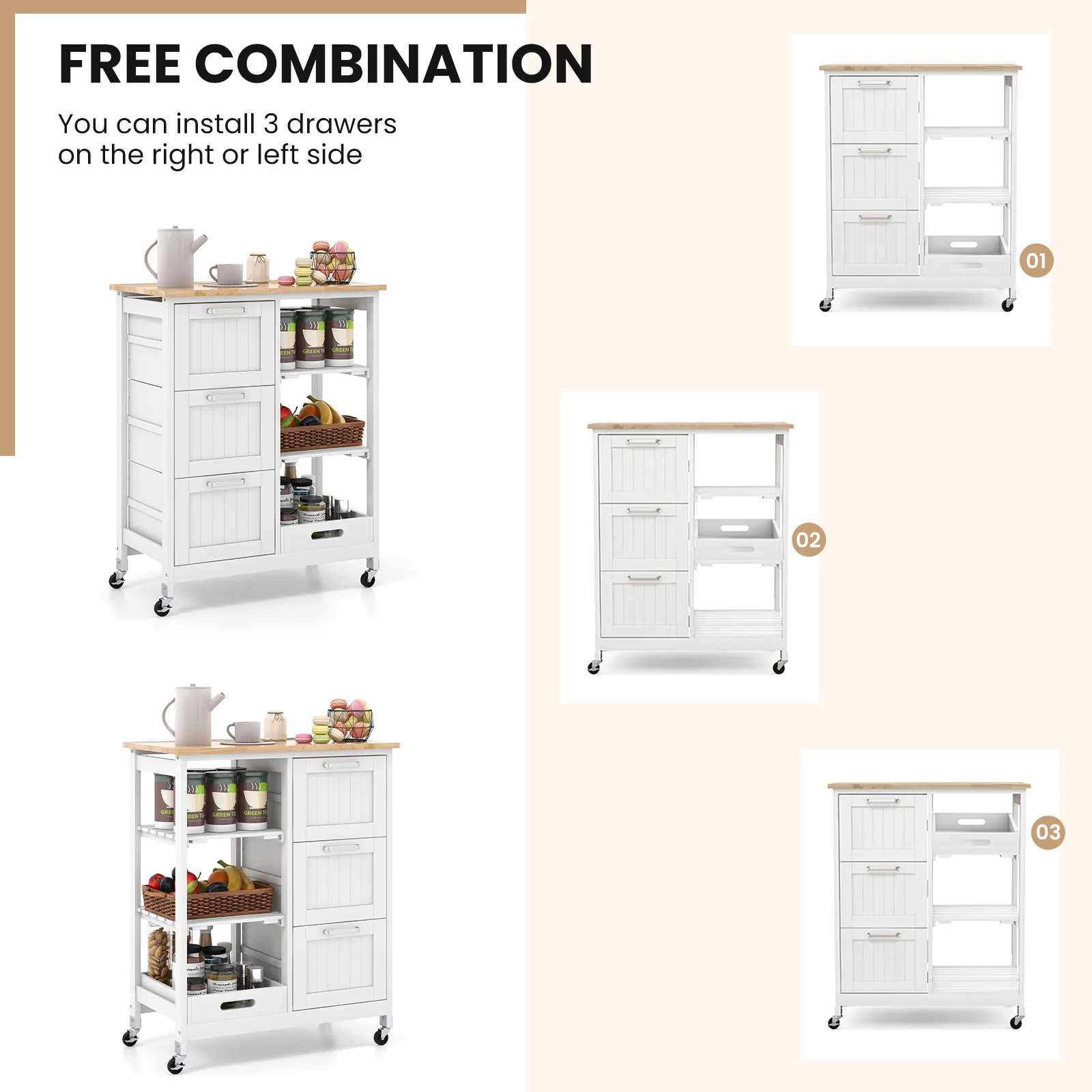 Rolling Kitchen Island Cart, Storage Utility, White - Image 8