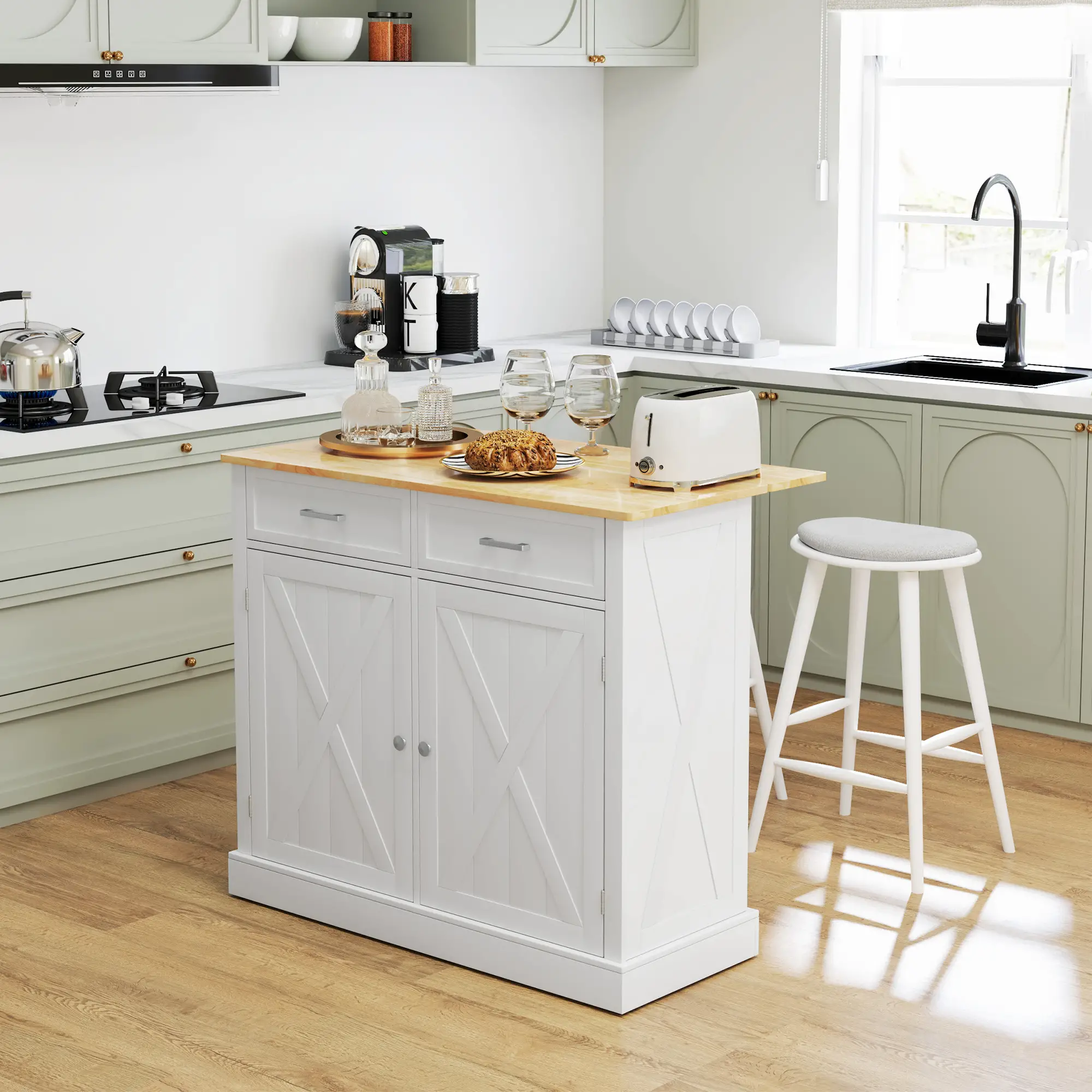 Rolling Kitchen Island, Drop Leaf, 2 Drawers, Adjustable Shelves, White - Image 2