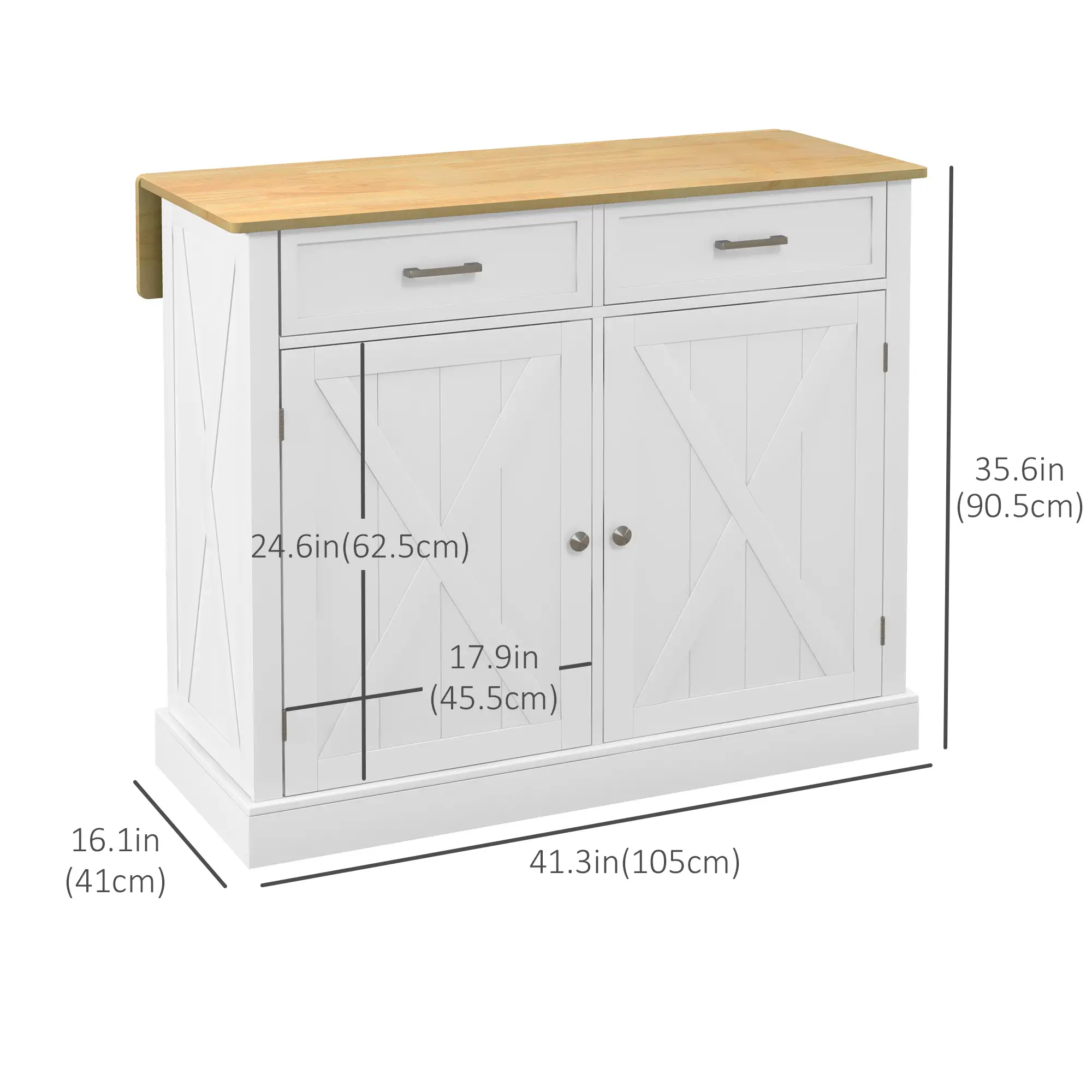 Rolling Kitchen Island, Drop Leaf, 2 Drawers, Adjustable Shelves, White - Image 3