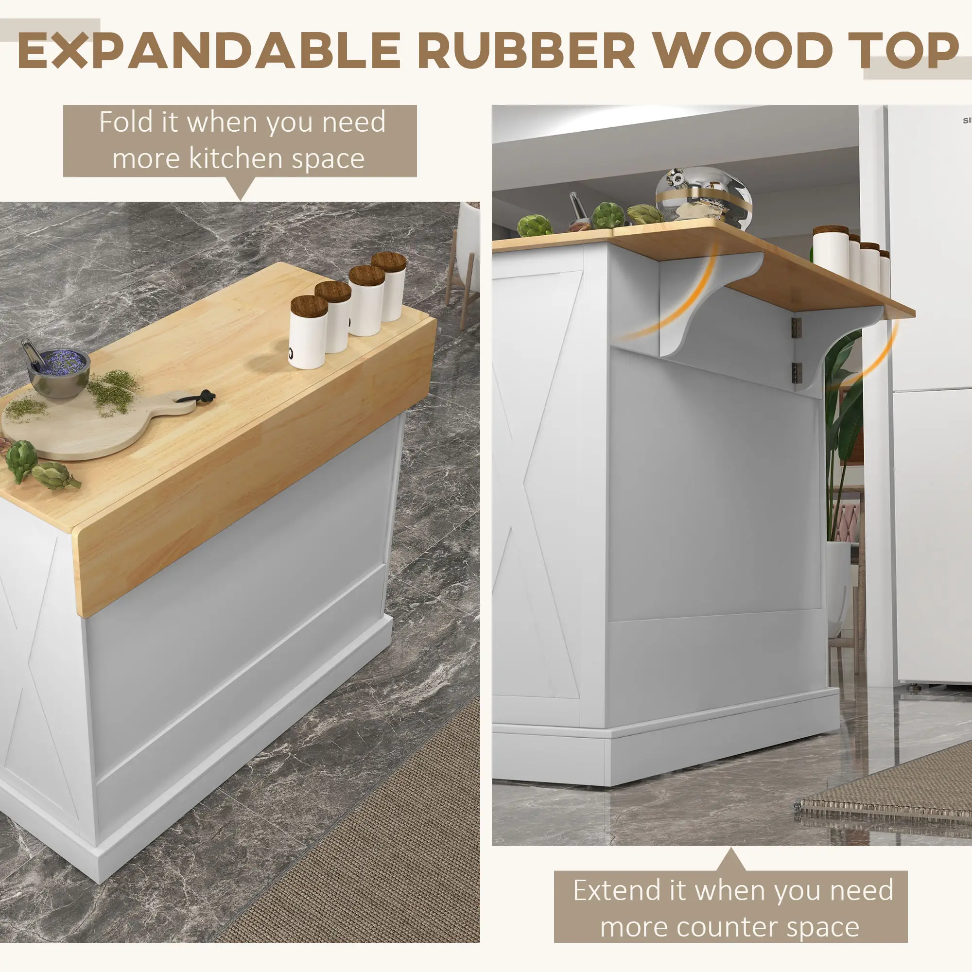 Rolling Kitchen Island, Drop Leaf, 2 Drawers, Adjustable Shelves, White - Image 4