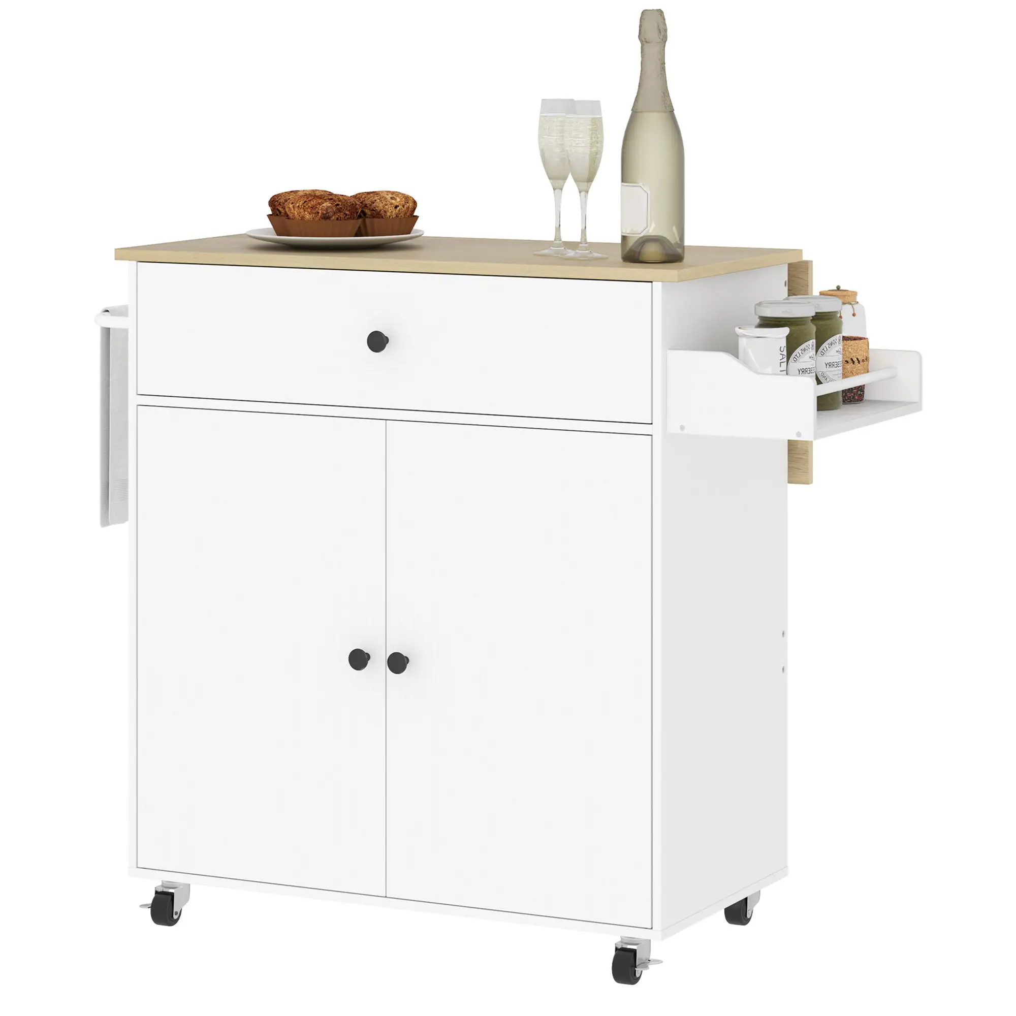 Rolling Kitchen Island With Drop Leaf, Storage Cart With Drawer, White