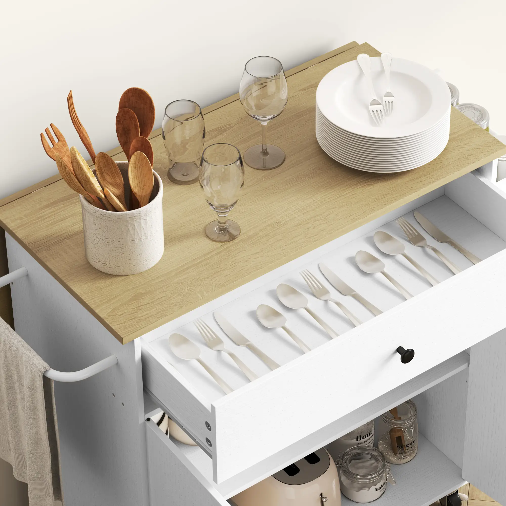 Rolling Kitchen Island With Drop Leaf, Storage Cart With Drawer, White - Image 10
