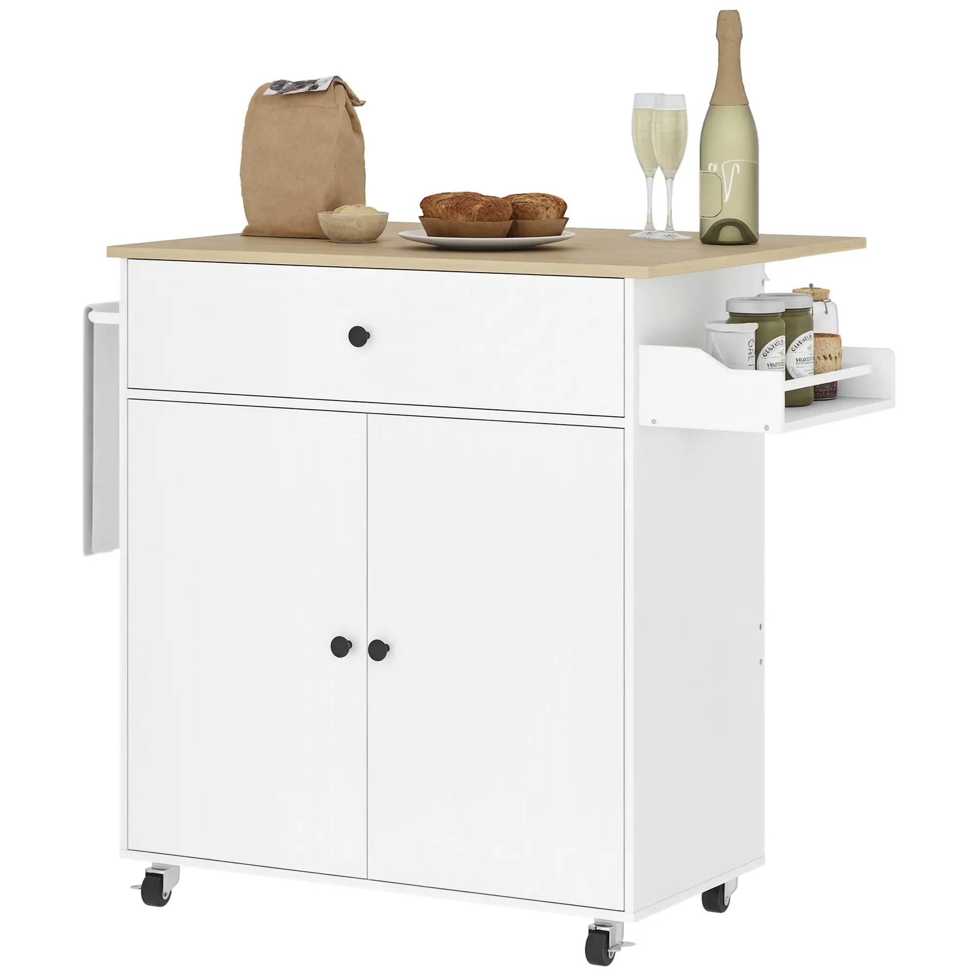 Rolling Kitchen Island With Drop Leaf, Storage Cart With Drawer, White - Image 11