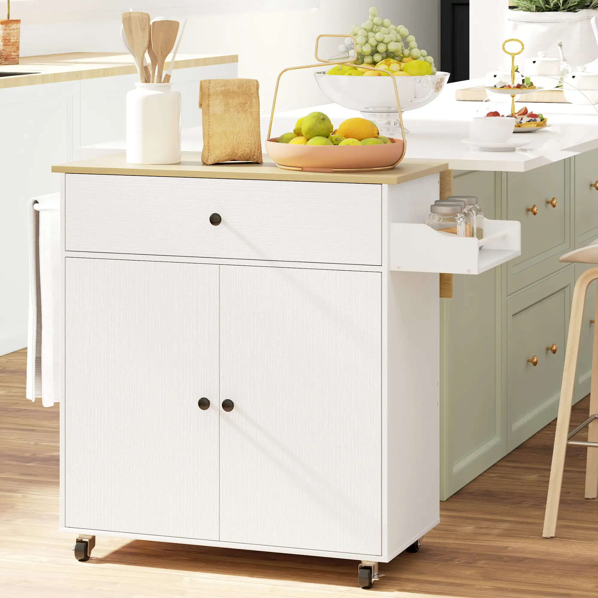 Rolling Kitchen Island With Drop Leaf, Storage Cart With Drawer, White - Image 2