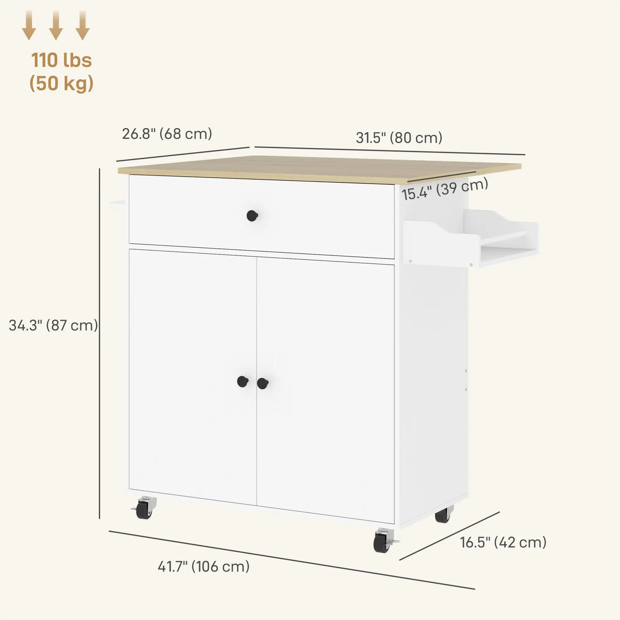 Rolling Kitchen Island With Drop Leaf, Storage Cart With Drawer, White - Image 3