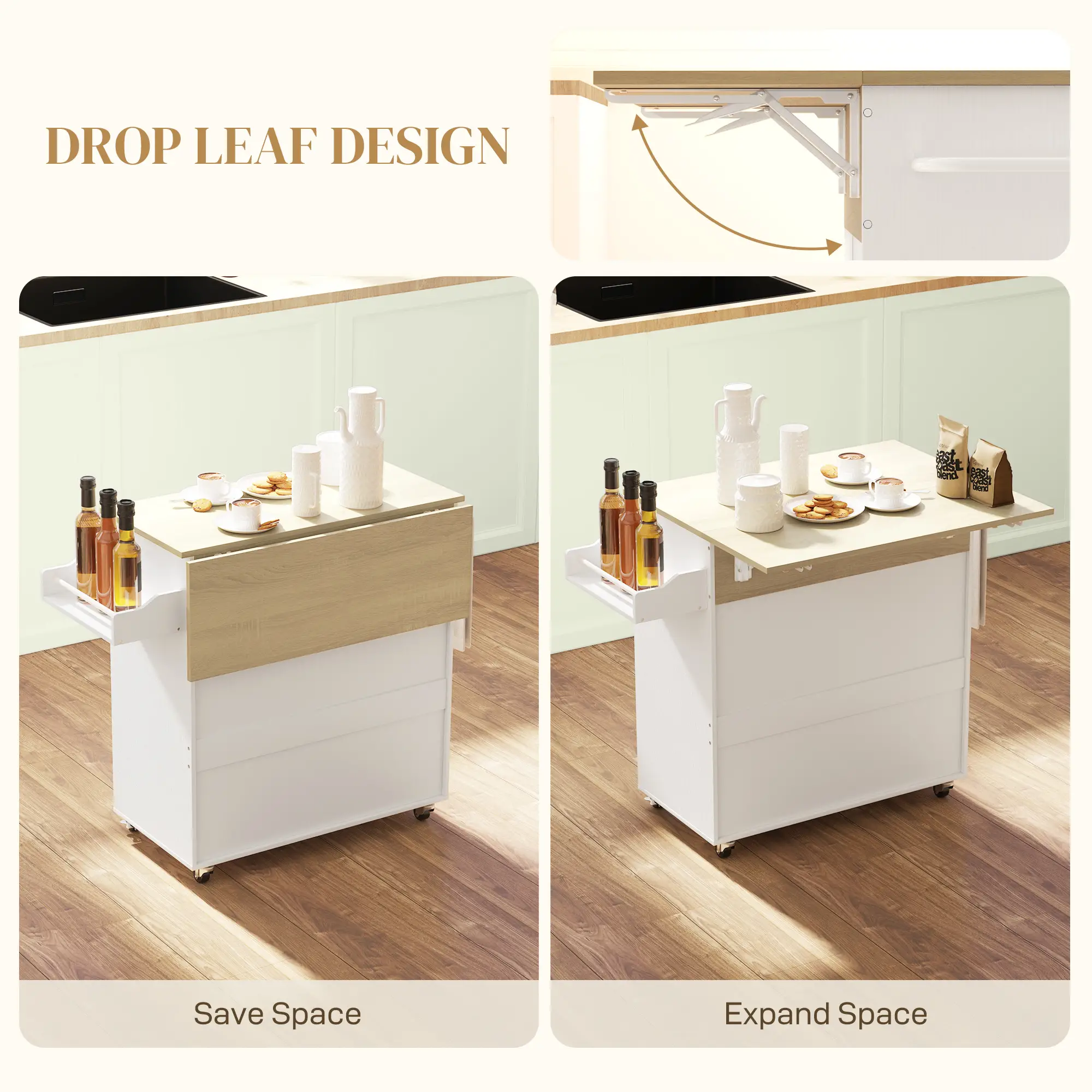 Rolling Kitchen Island With Drop Leaf, Storage Cart With Drawer, White - Image 4