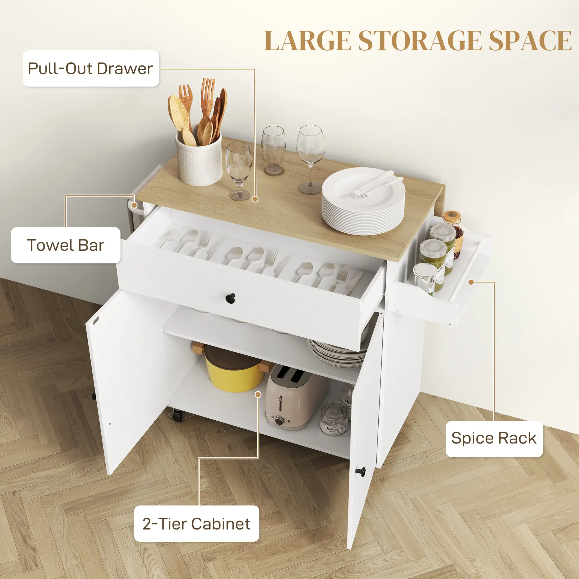 Rolling Kitchen Island With Drop Leaf, Storage Cart With Drawer, White - Image 5