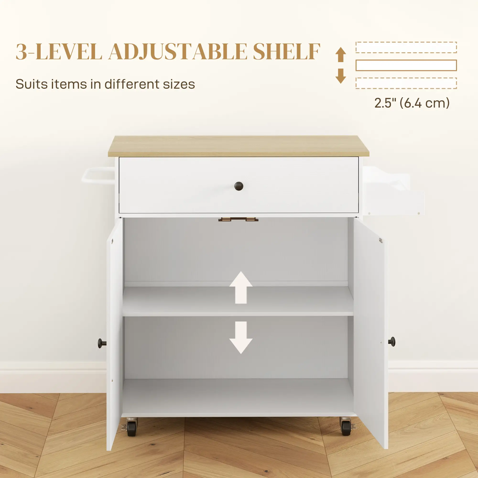 Rolling Kitchen Island With Drop Leaf, Storage Cart With Drawer, White - Image 6