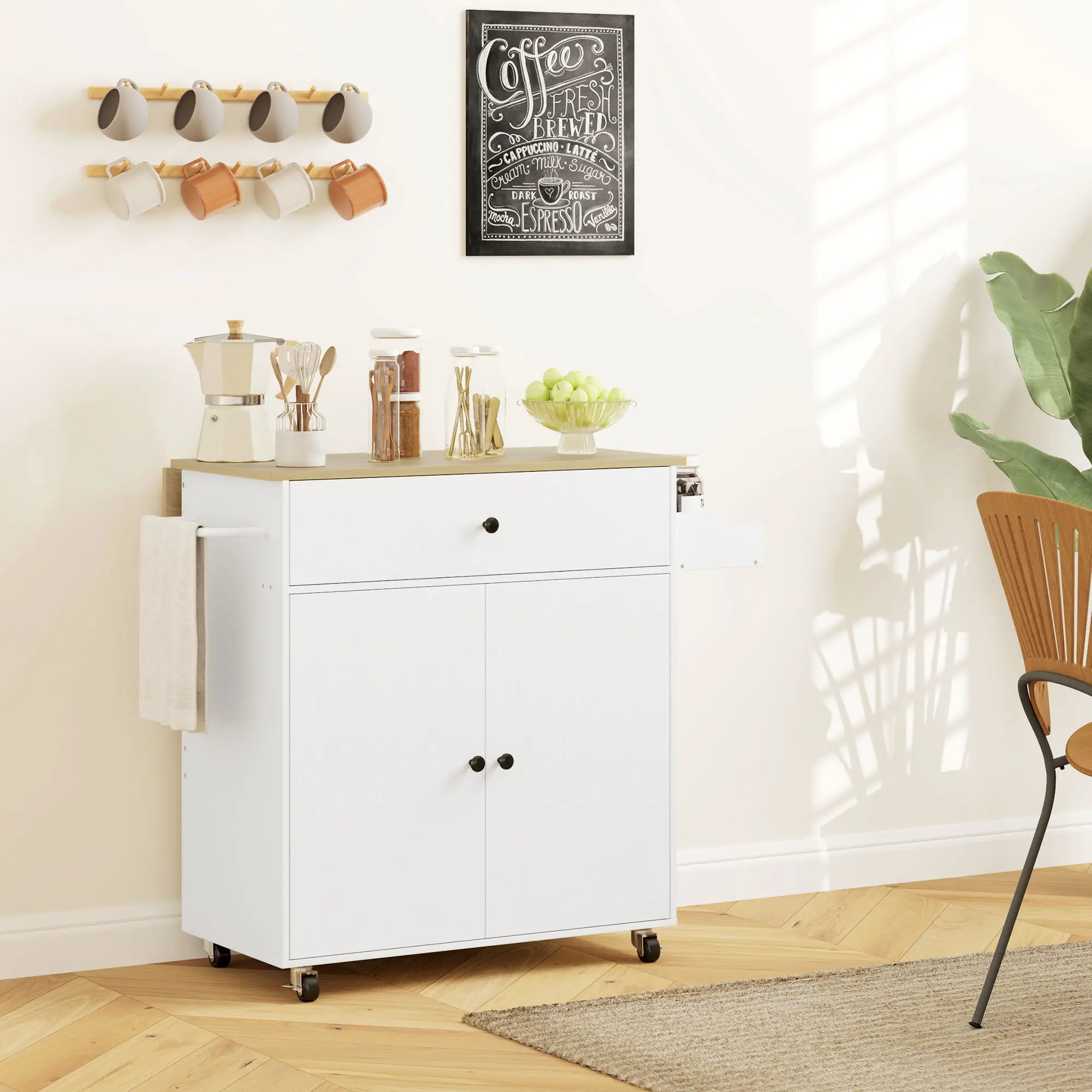 Rolling Kitchen Island With Drop Leaf, Storage Cart With Drawer, White - Image 8