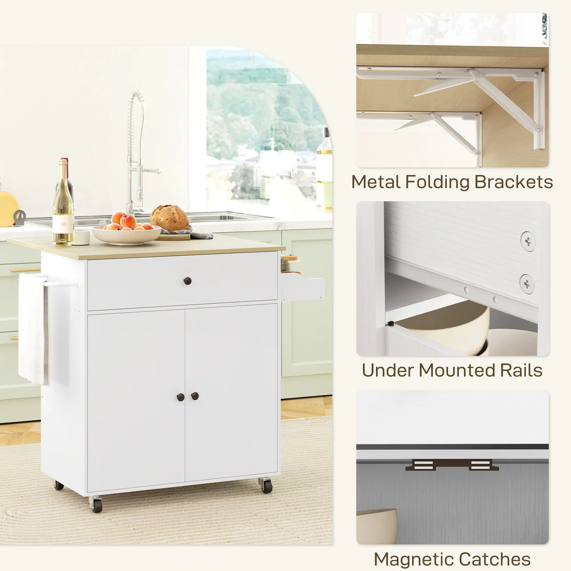 Rolling Kitchen Island With Drop Leaf, Storage Cart With Drawer, White - Image 9