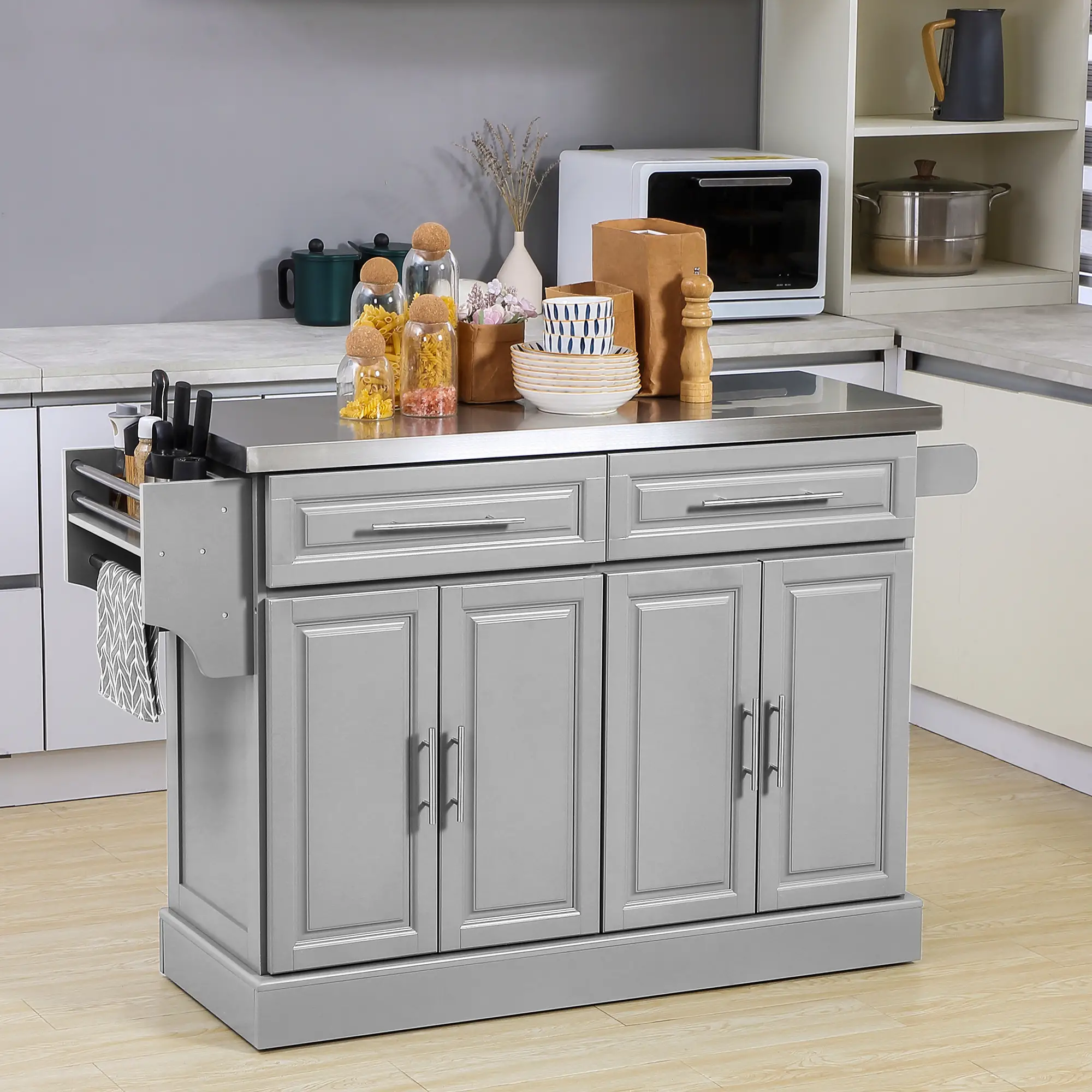 Rolling Kitchen Island with Storage and Stainless Steel Top, Kitchen Trolley with Drawers, Cabinets, Towel Rack - Image 2