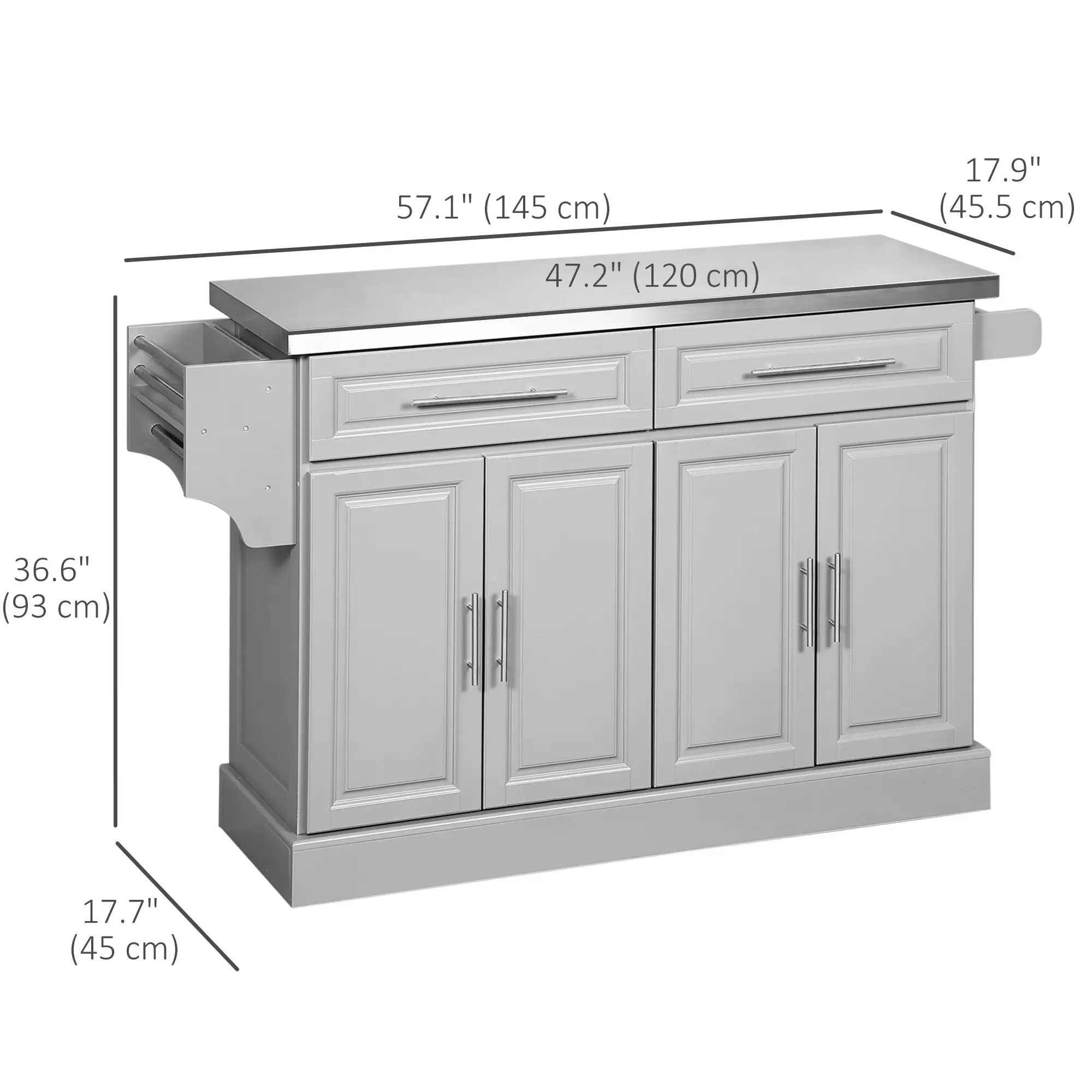 Rolling Kitchen Island with Storage and Stainless Steel Top, Kitchen Trolley with Drawers, Cabinets, Towel Rack - Image 3