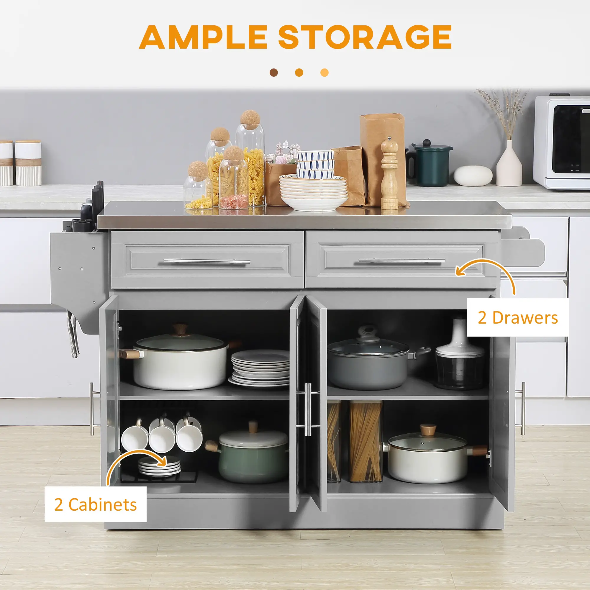 Rolling Kitchen Island with Storage and Stainless Steel Top, Kitchen Trolley with Drawers, Cabinets, Towel Rack - Image 4