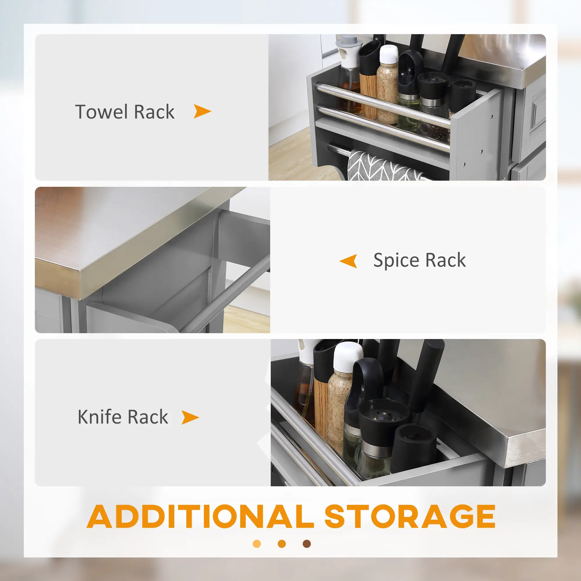 Rolling Kitchen Island with Storage and Stainless Steel Top, Kitchen Trolley with Drawers, Cabinets, Towel Rack - Image 7
