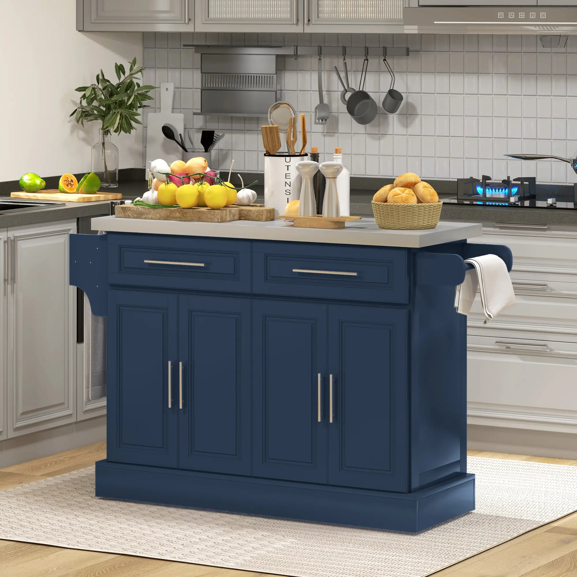 Rolling Kitchen Island with Storage, Stainless Steel Top, Blue - Image 2