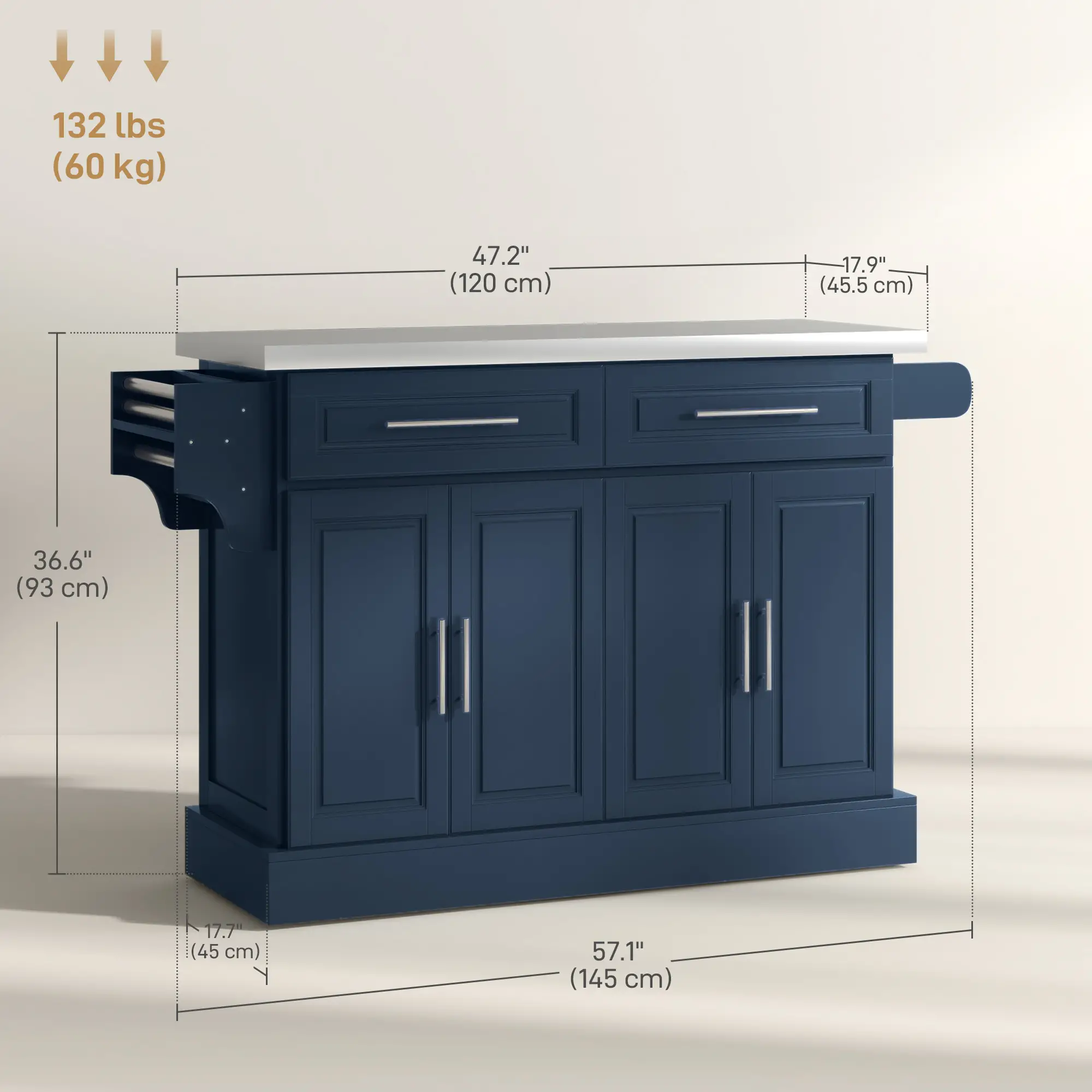 Rolling Kitchen Island with Storage, Stainless Steel Top, Blue - Image 3