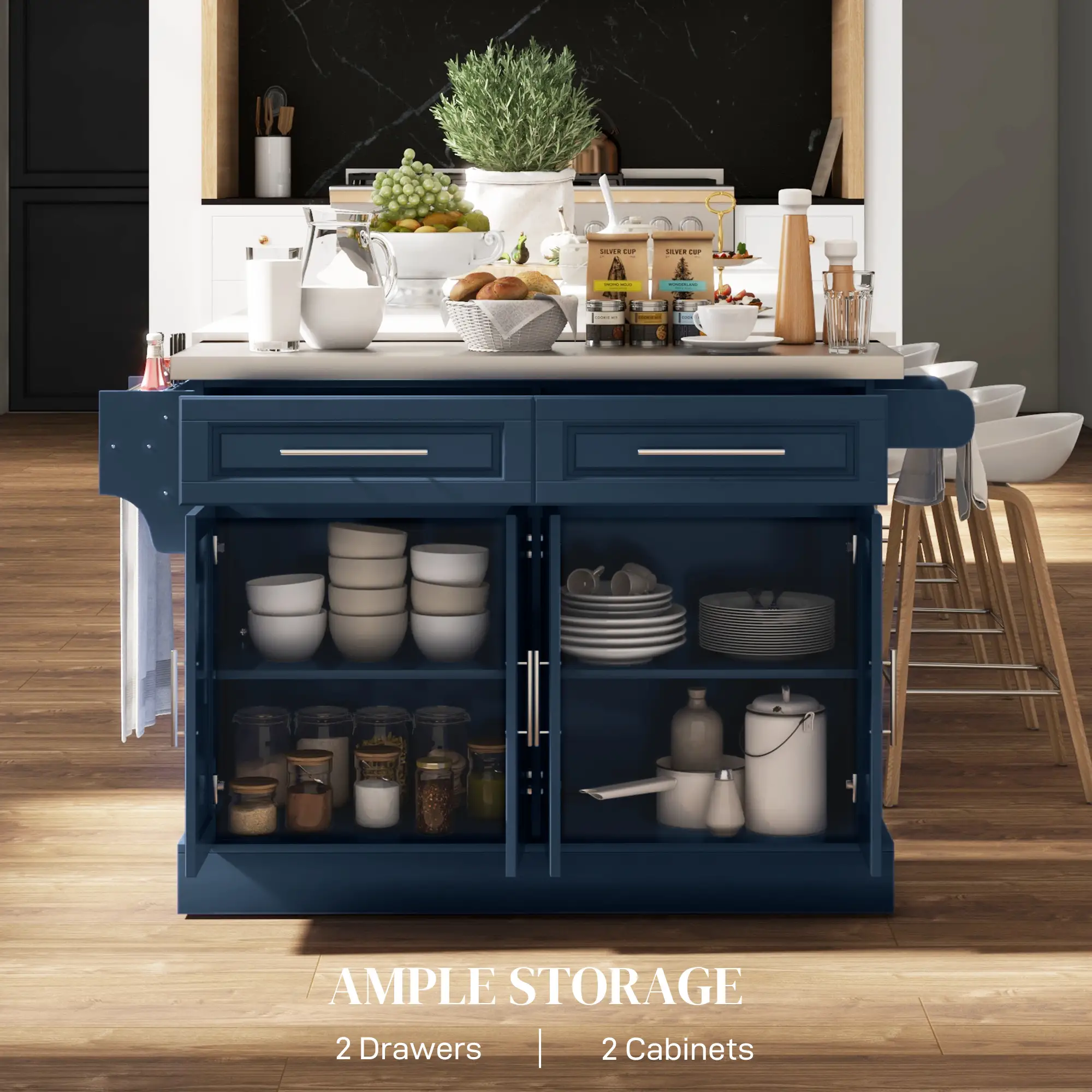 Rolling Kitchen Island with Storage, Stainless Steel Top, Blue - Image 4