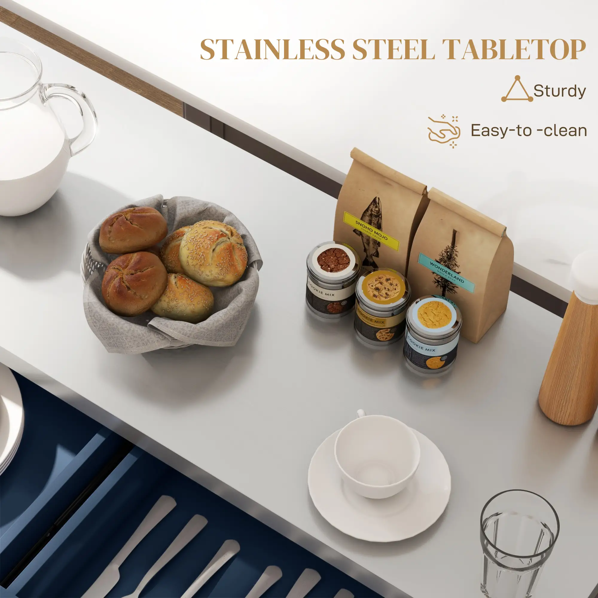 Rolling Kitchen Island with Storage, Stainless Steel Top, Blue - Image 5