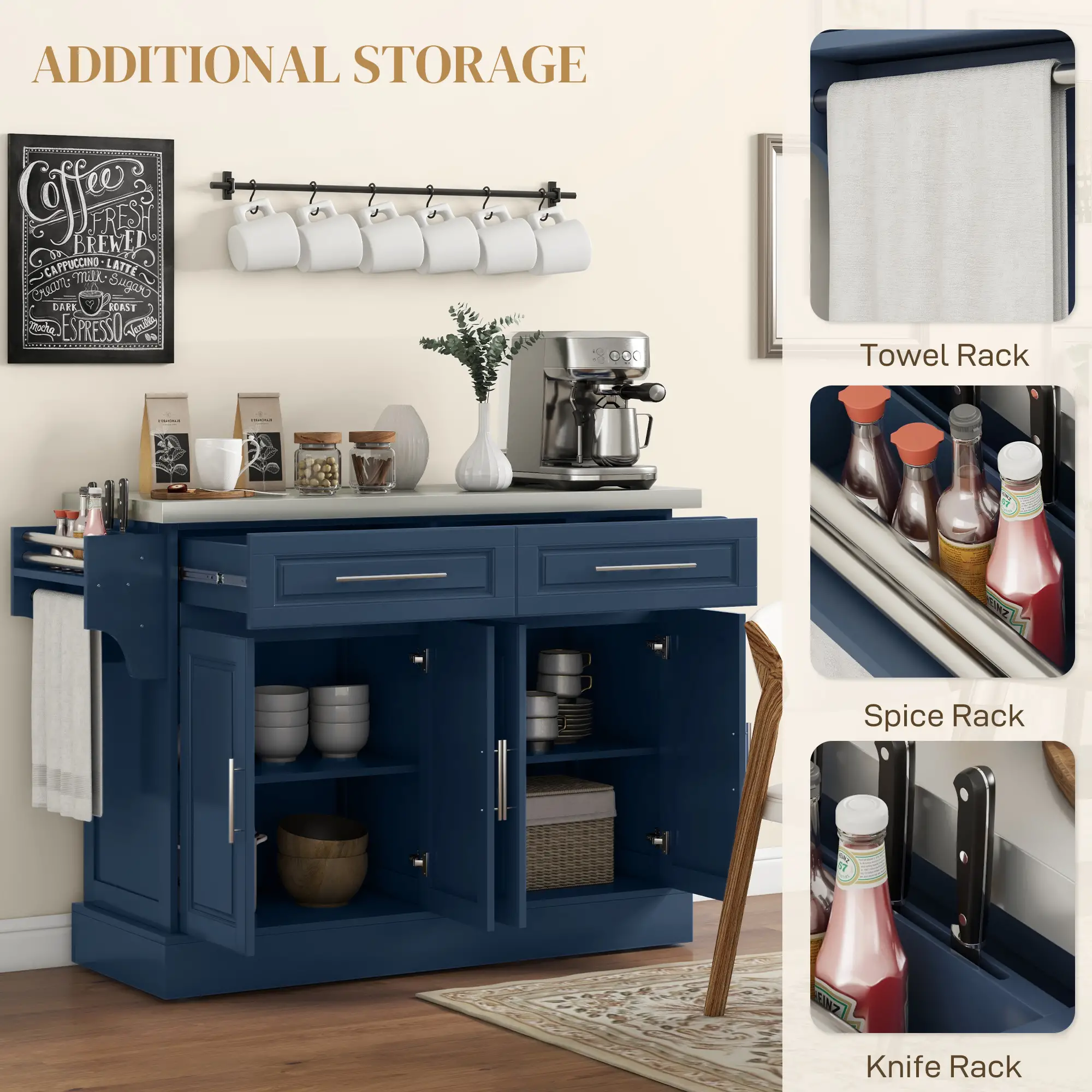 Rolling Kitchen Island with Storage, Stainless Steel Top, Blue - Image 7