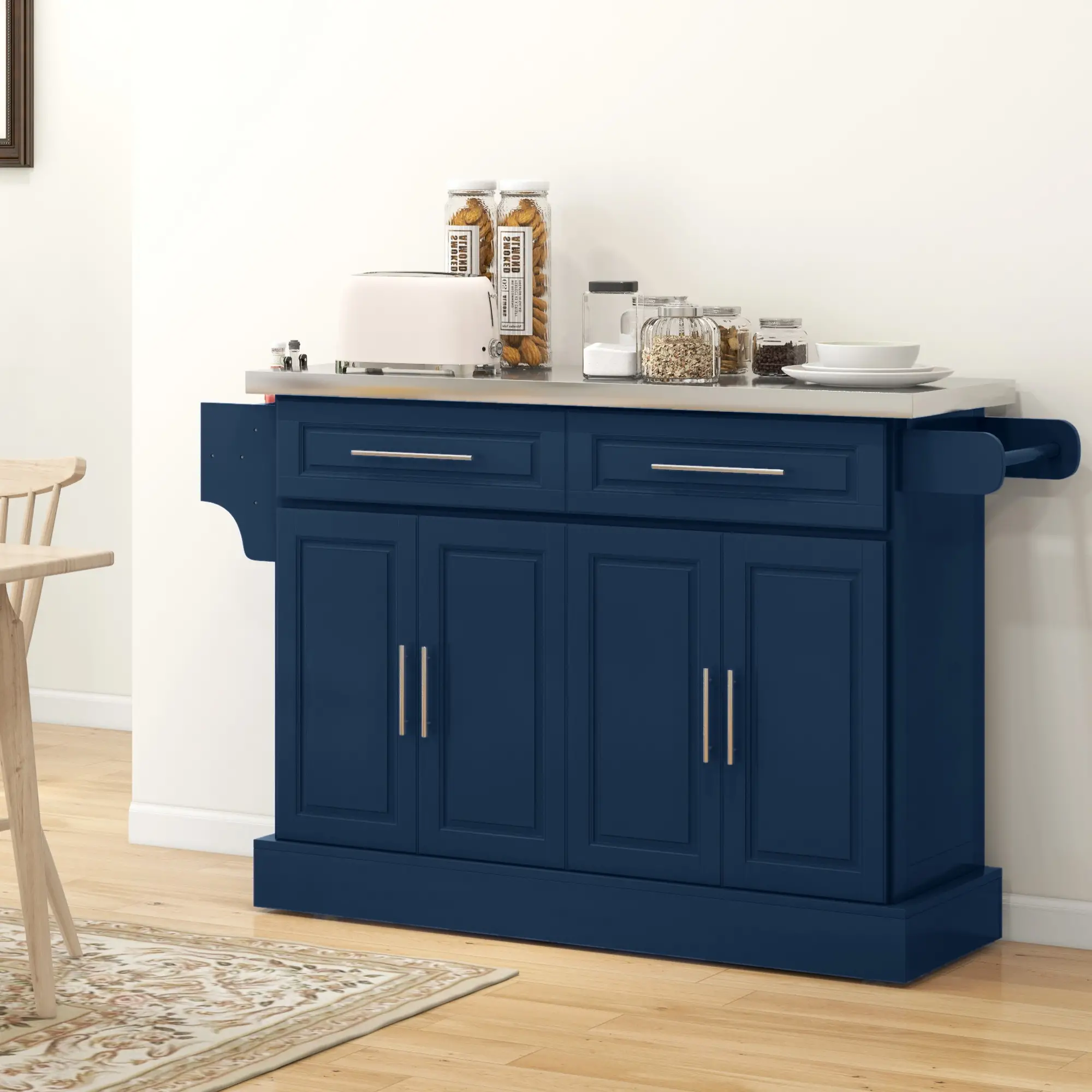Rolling Kitchen Island with Storage, Stainless Steel Top, Blue - Image 8