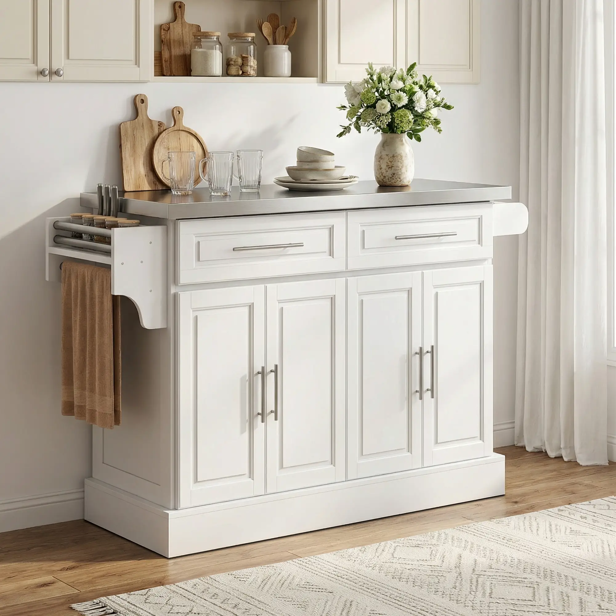 Rolling Kitchen Island with Storage, Stainless Steel Top, Drawers, Cabinets - Image 10