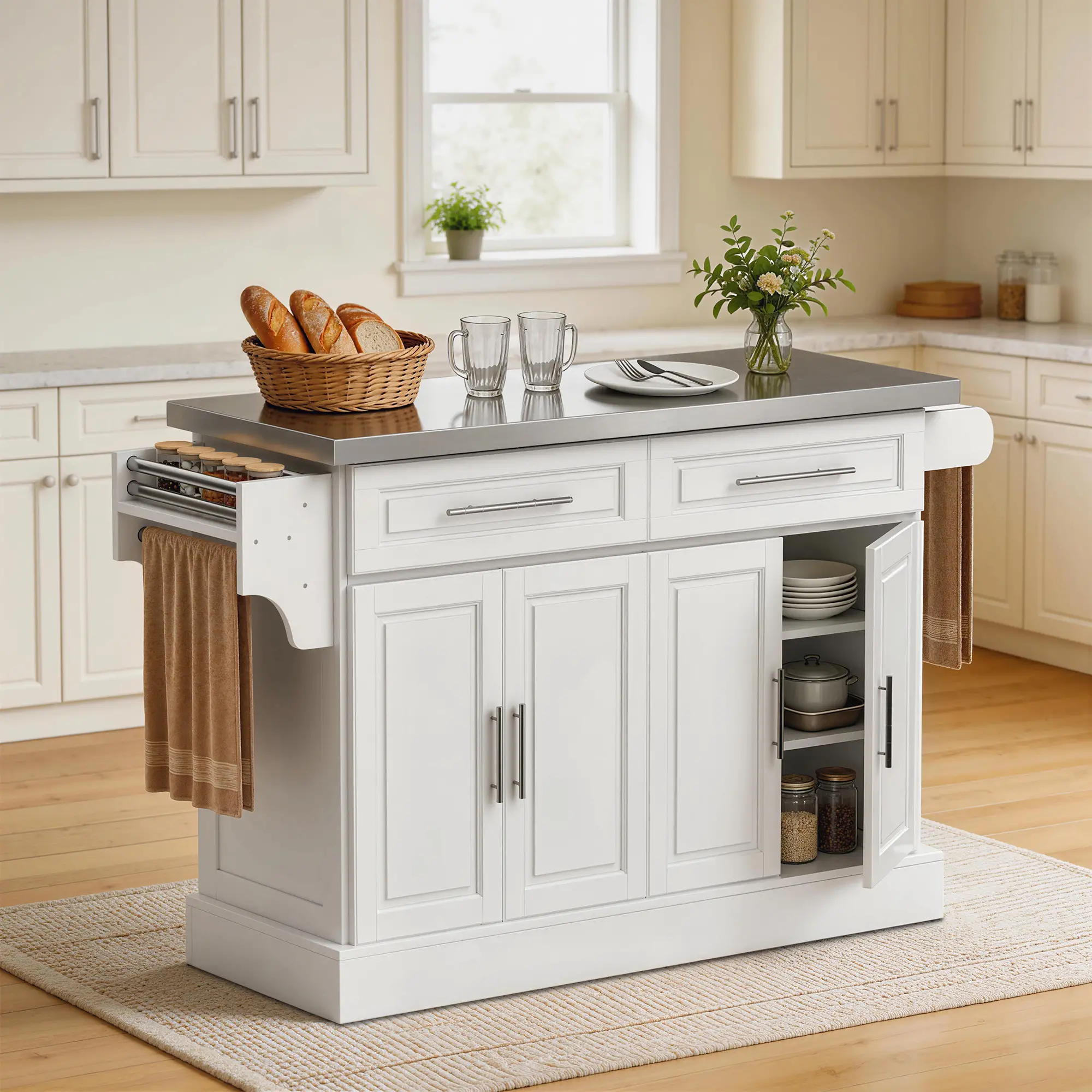 Rolling Kitchen Island with Storage, Stainless Steel Top, Drawers, Cabinets - Image 2